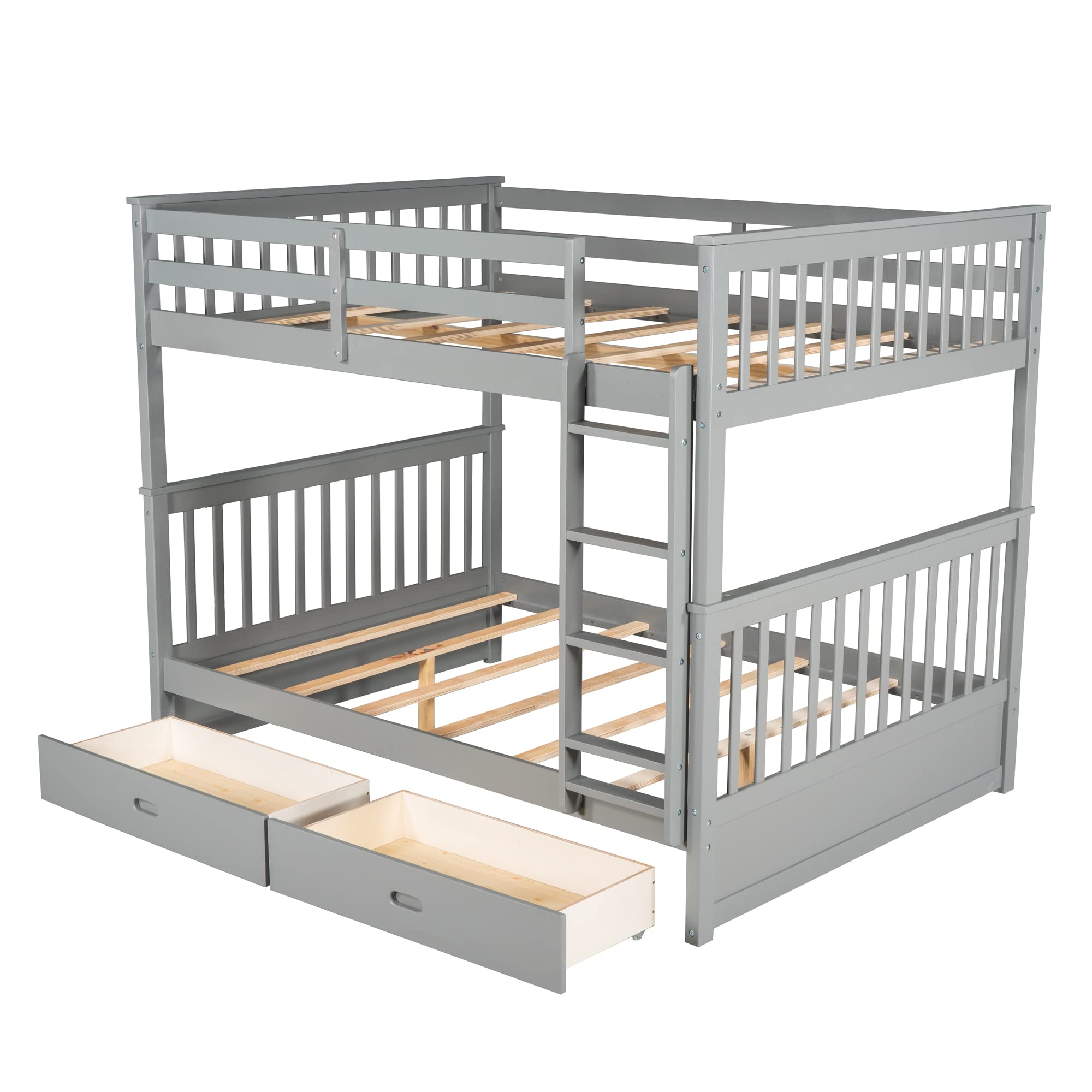 Harper & Bright Designs Full Over Full Bunk Bed with Storage Drawers - Solid Wood Bunk Bed Frame with Ladder - Space Saving Kids Bedroom Furniture for Siblings or Guests (Grey, Full Size)