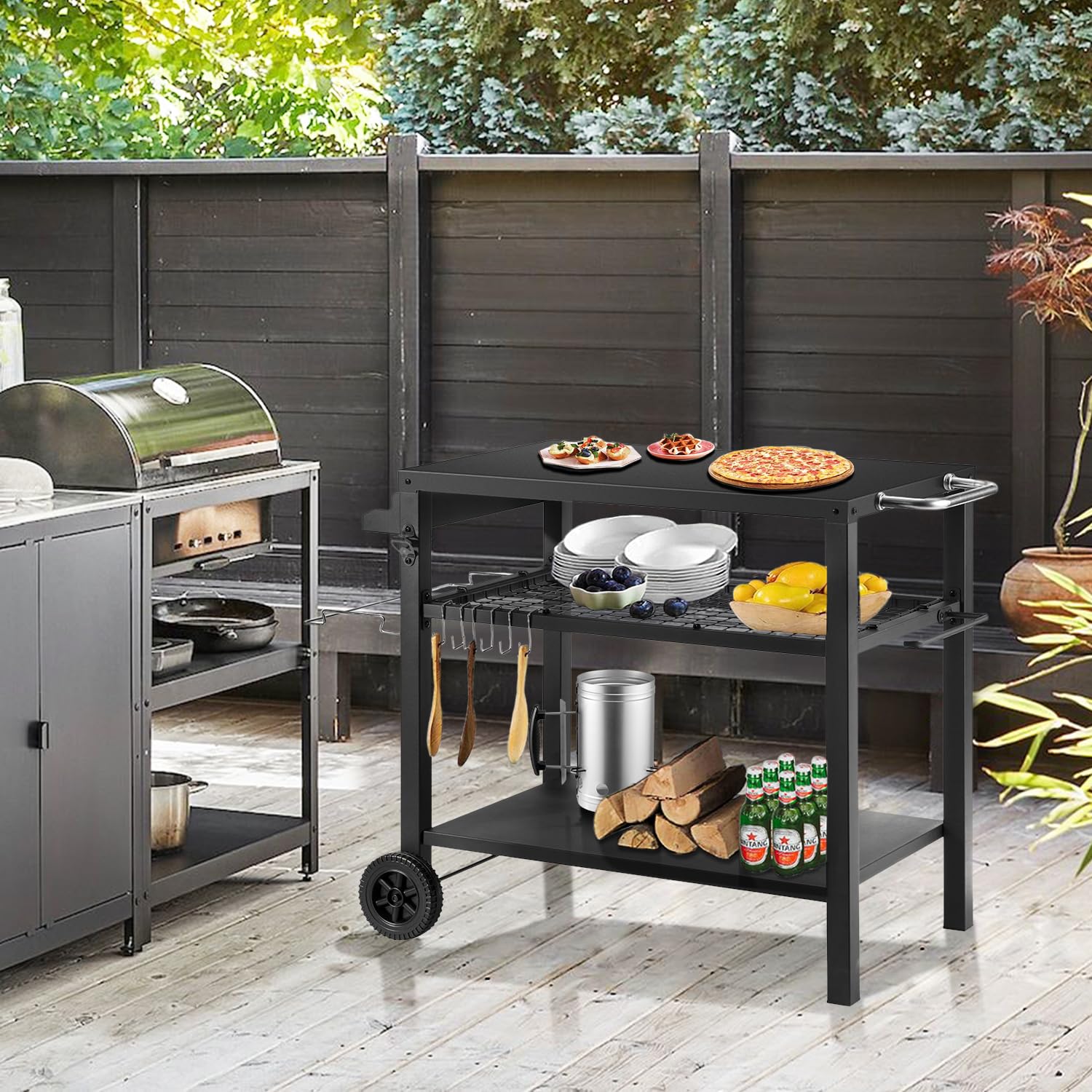 **KENDANE Black 3-Tier Rolling Grill Cart - Outdoor Kitchen Island with Pizza Oven Stand & Hooks - Multi-Functional Prep Table for BBQ, Dining & Patio Entertaining**
