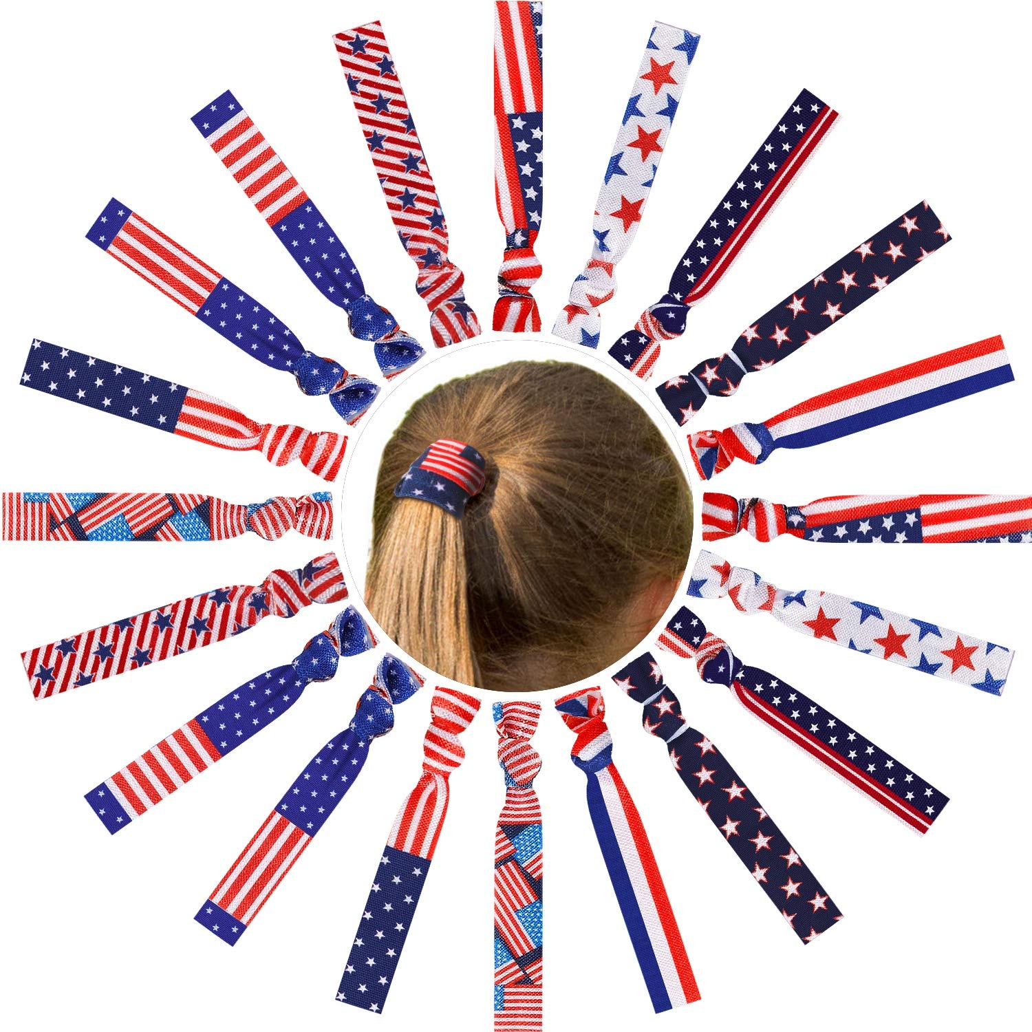 20 Pieces 4th of July Hair Ties - American Flag Elastic Hair Ribbons, Patriotic Ponytail Holders, No Crease Hair Bands for Women & Girls - Red White Blue Party Accessories for Independence Day, BBQ, Picnic & Summer Celebrations
