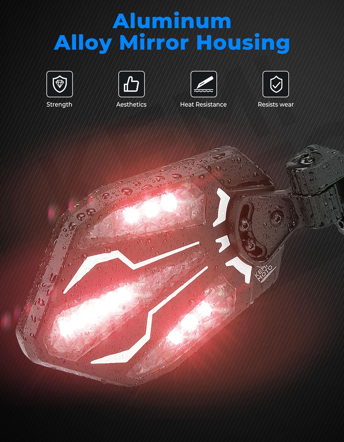 KEMIMOTO UTV RGB Aluminum Lighted Side Mirrors - 29 Color Modes, 1.6