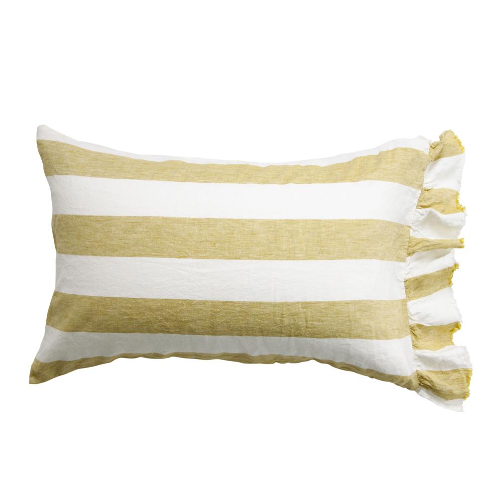 Premium Kelp Stripe 100% Natural Linen Ruffle Pillowcase Set - Soft & Breathable Bedding for Home Decor, Guest Room & Cozy Bedroom Retreat