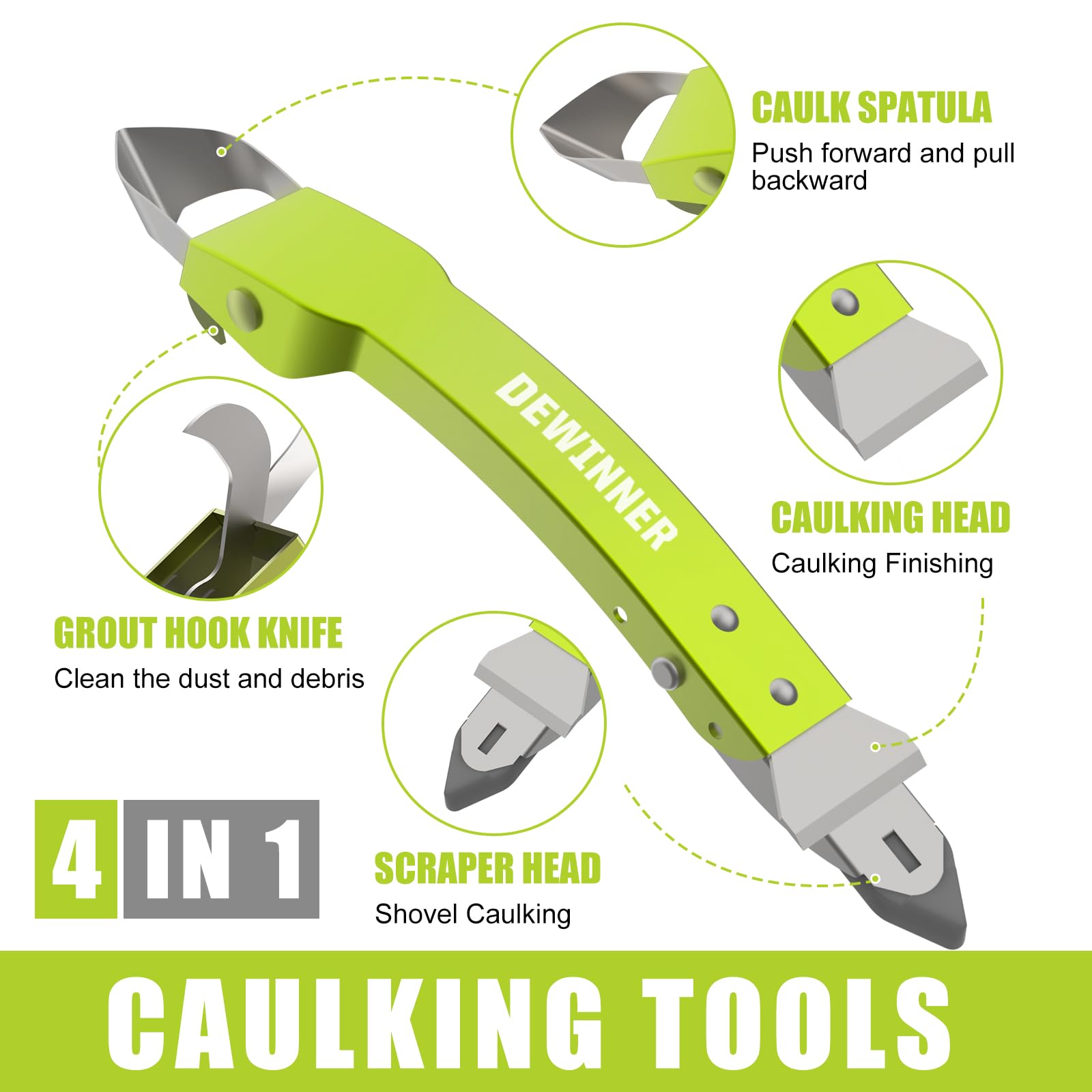 DEWINNER 4 in 1 Stainless Steel Caulking Tool Kit - Silicone Sealant Finisher, Grout Remover for Bathroom, Kitchen, Windows, Floors & Sinks - Professional DIY Caulking Tools for Perfect Sealing & Waterproofing