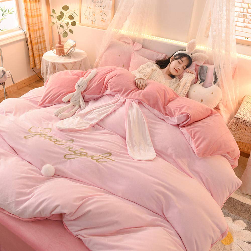 Geekcook Winter Bedding Set - 4 Piece Thick Crystal Velvet Fleece Queen Size (1.8m) Duvet Cover & Sheet Set - Princess Style Coral Velvet Flannel - Pink Jade | Cozy & Warm for Cold Nights, Perfect for Winter Bedroom Decor