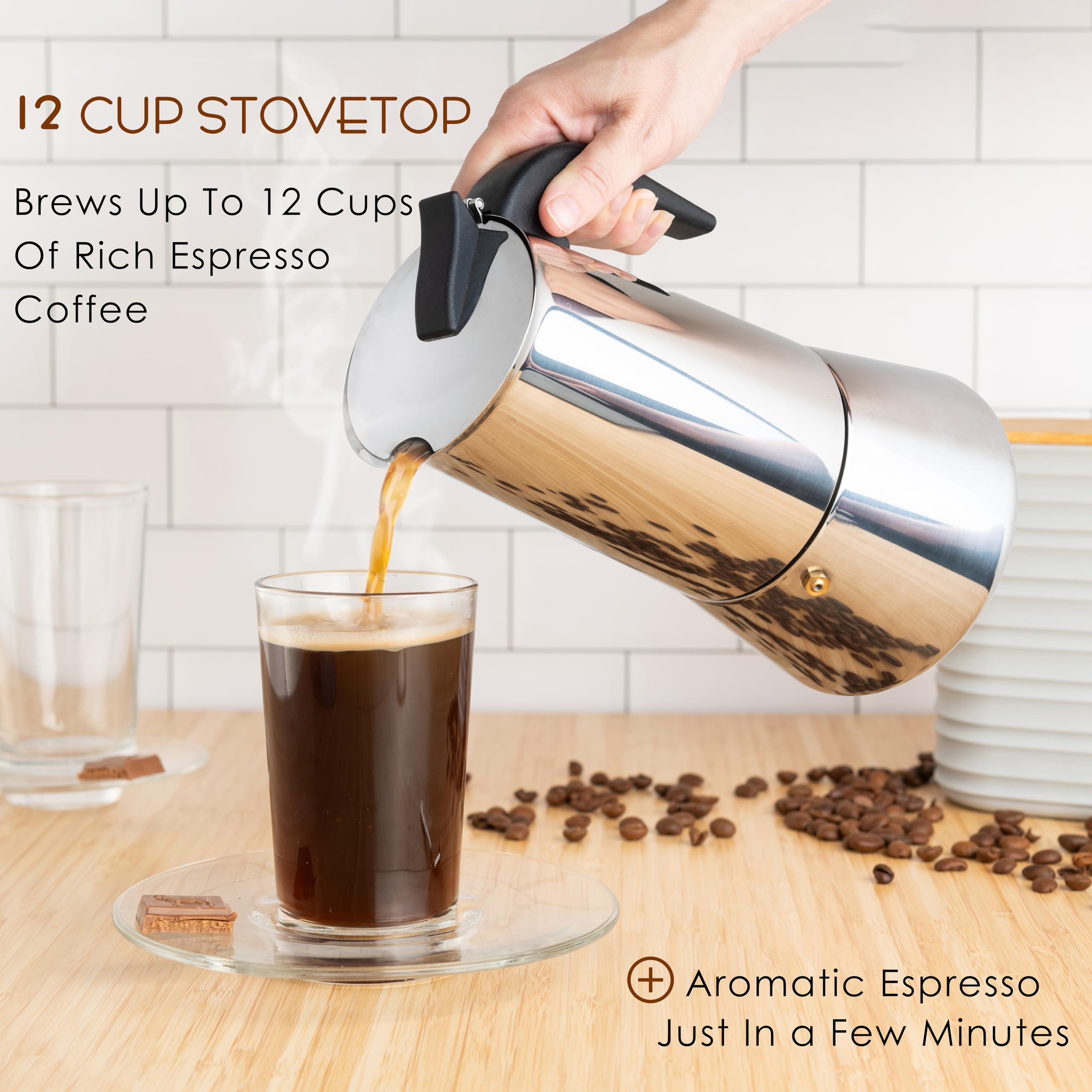 Mixpresso 12 Cup Stovetop Espresso Maker 600ml/20oz - Stainless Steel Moka Pot with Percolator Design - Italian Coffee Maker for Camping, Home & Office Use - Perfect for Espresso, Latte & Cappuccino Brewing