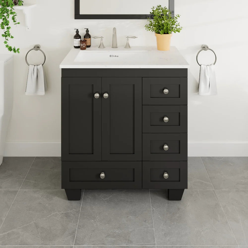 Eviva Acclaim 30 Inch Bathroom Vanity with Carrara Quartz Countertop - Modern White Bathroom Sink Cabinet for Small Spaces, Perfect for Powder Rooms and Guest Bathrooms