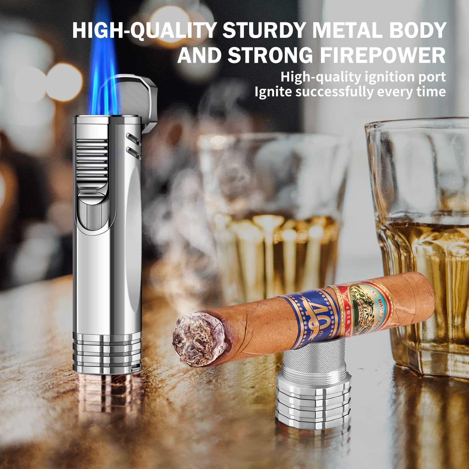 Premium Triple Jet Flame Butane Torch Lighter with Built-in Cigar Punch, Draw Enhancer & Holder - Refillable All-in-One Cigar Accessories for Outdoor, Travel & Gifting (Gas Not Included)