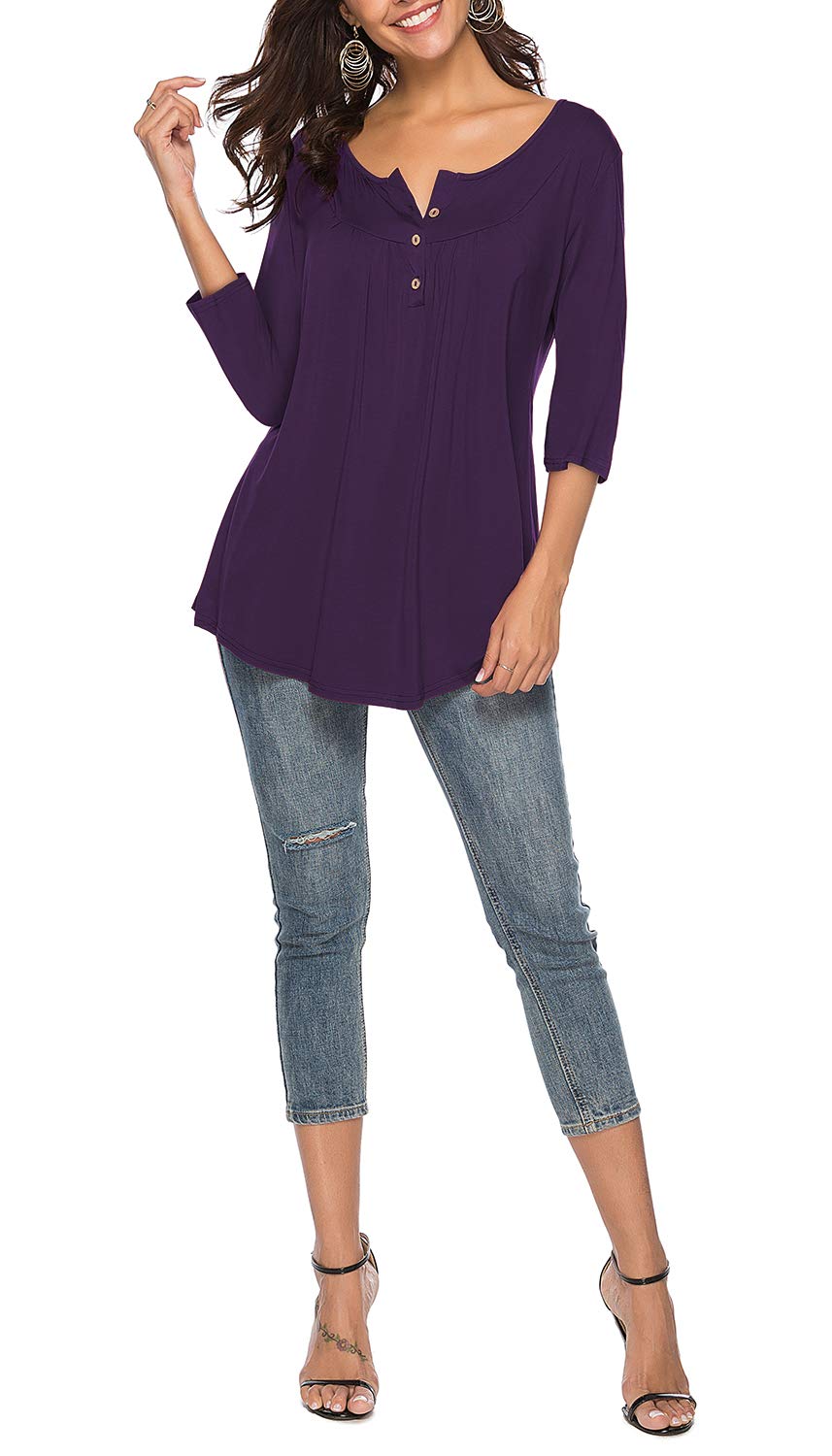 THANTH Women's Casual V-Neck 3/4 Sleeve Button-Up Blouse - Loose Fit Tunic Top for Work, Office & Everyday Wear
