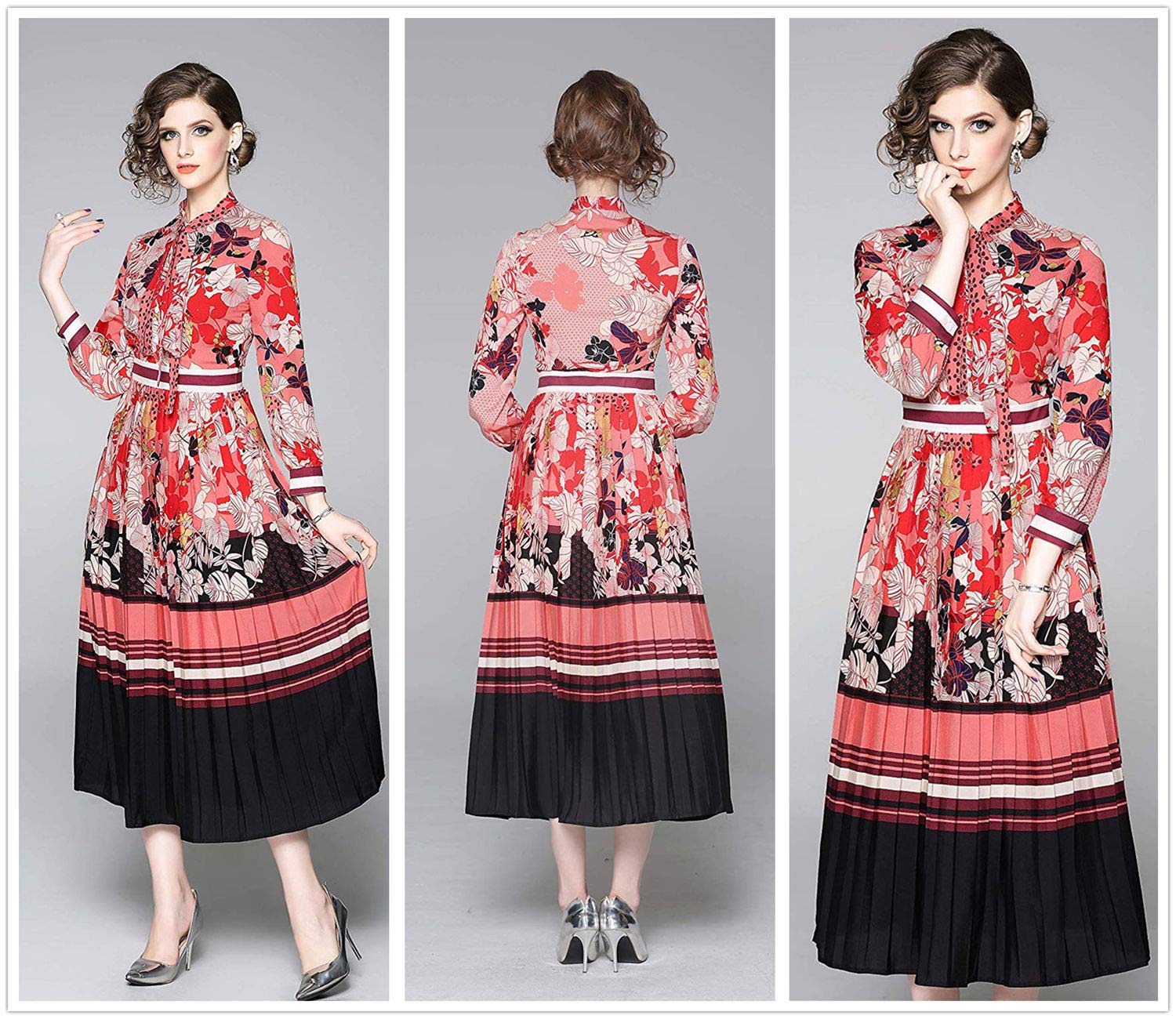 Women's A-Line Maxi Dress with Bow Shirt Collar & Long Sleeves - Spring Summer Casual Party Work Dress (Pink Floral Print, Size US8-10/XL) - Perfect for Office, Wedding Guest & Everyday Elegant Outfits