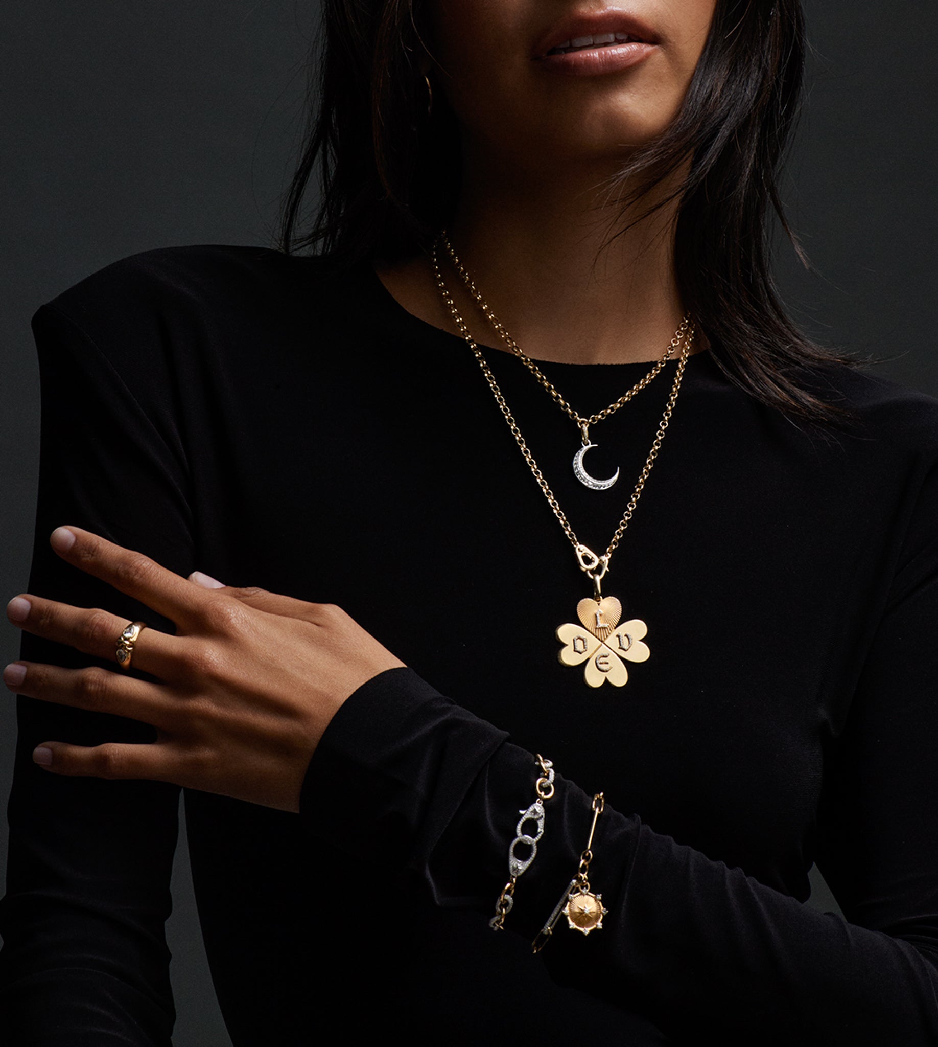 Crescent Karma Diamond Gemstone Medallion Necklace with Annex Link Chain - Elegant Jewelry for Women, Perfect for Parties, Weddings & Special Occasions