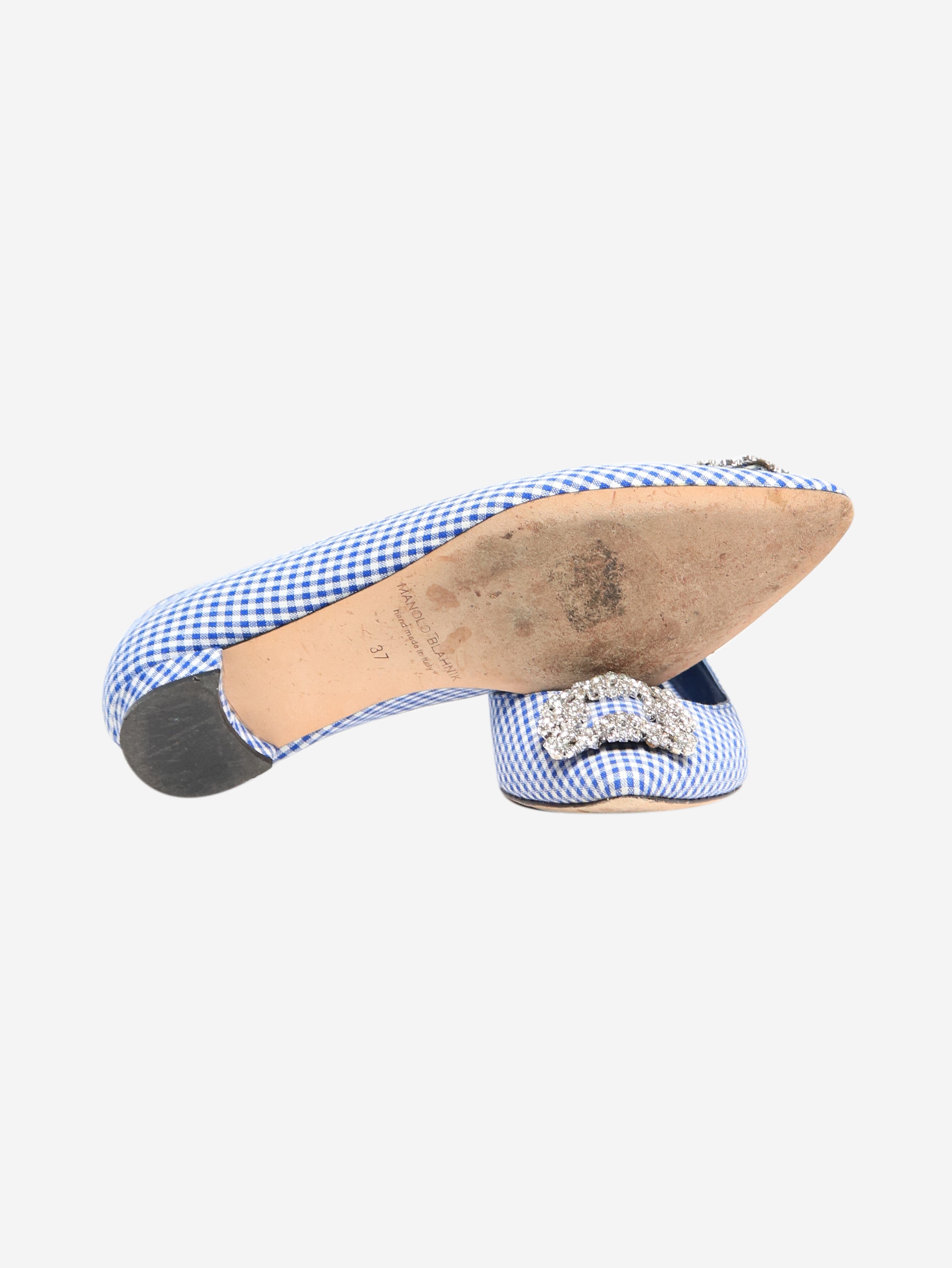 Blue and White Gingham Flat Shoes - Women's Size EU 37 (US 6.5) - Comfortable Casual Loafers for Walking, Office, and Everyday Wear