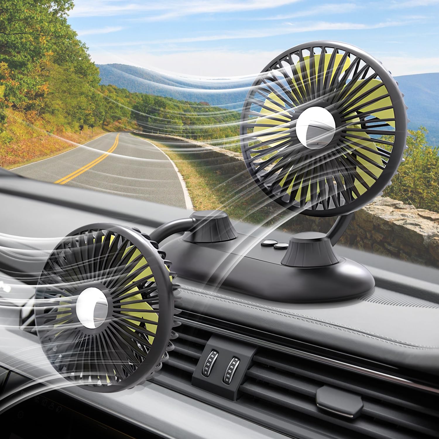 USB Car Fan with 3 Speed Settings & 360° Rotation - Dual Head Portable Auto Fan for Dashboard - Strong Cooling for SUV, Truck, RV, Boat, Van, Sedan - Perfect for Home, Office & Travel Use