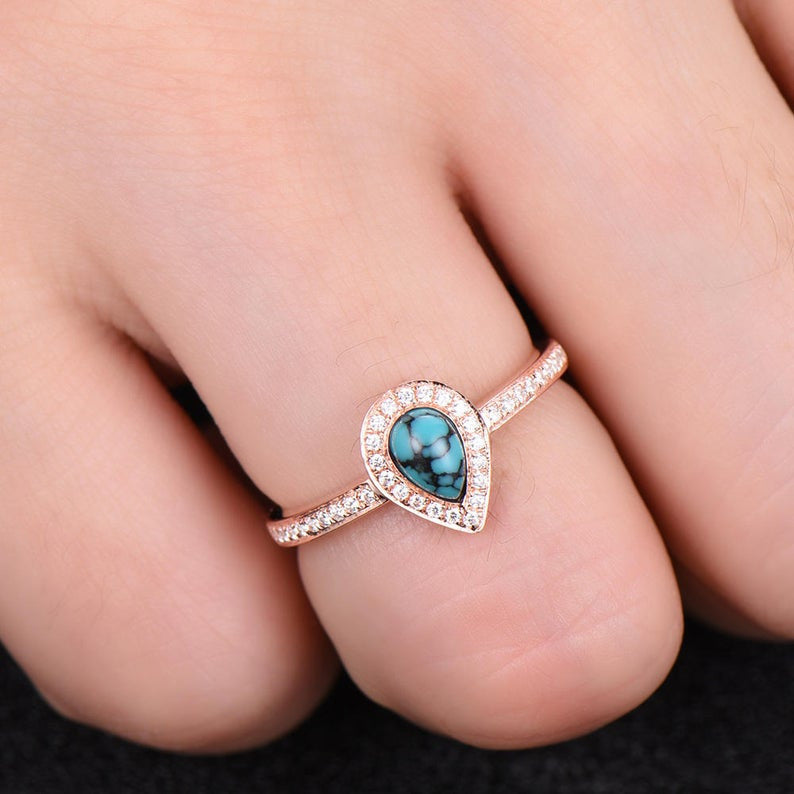 14K/18K/Silver Rose Gold Pear Shaped 4*6mm Turquoise Diamond Halo Engagement Ring for Women - Perfect for Proposals, Anniversaries & Special Occasions