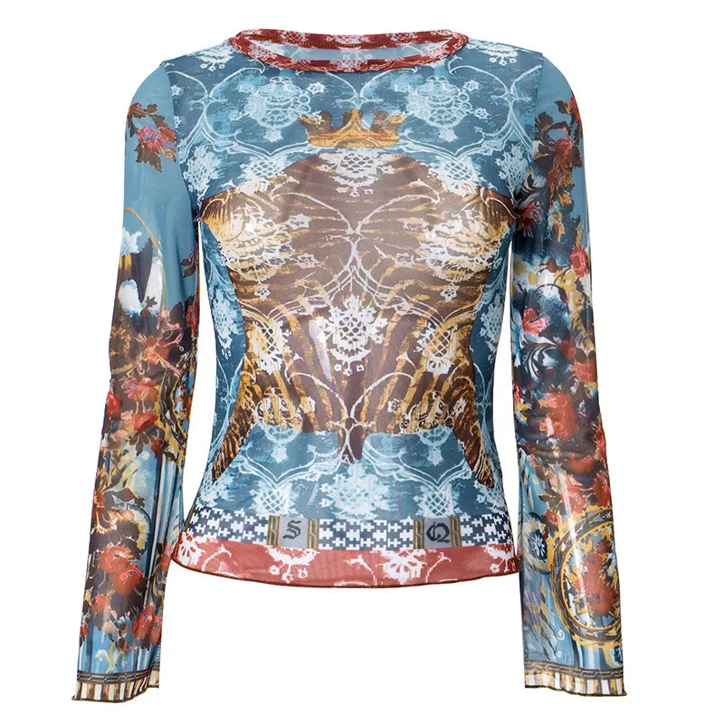 Vintage Y2K Graphic Crop Top - Abstract Print Mesh Sheer Long Sleeve T-Shirt for Women | 2000s Retro Fall Fashion | Perfect for Casual Wear, Street Style & Music Festivals