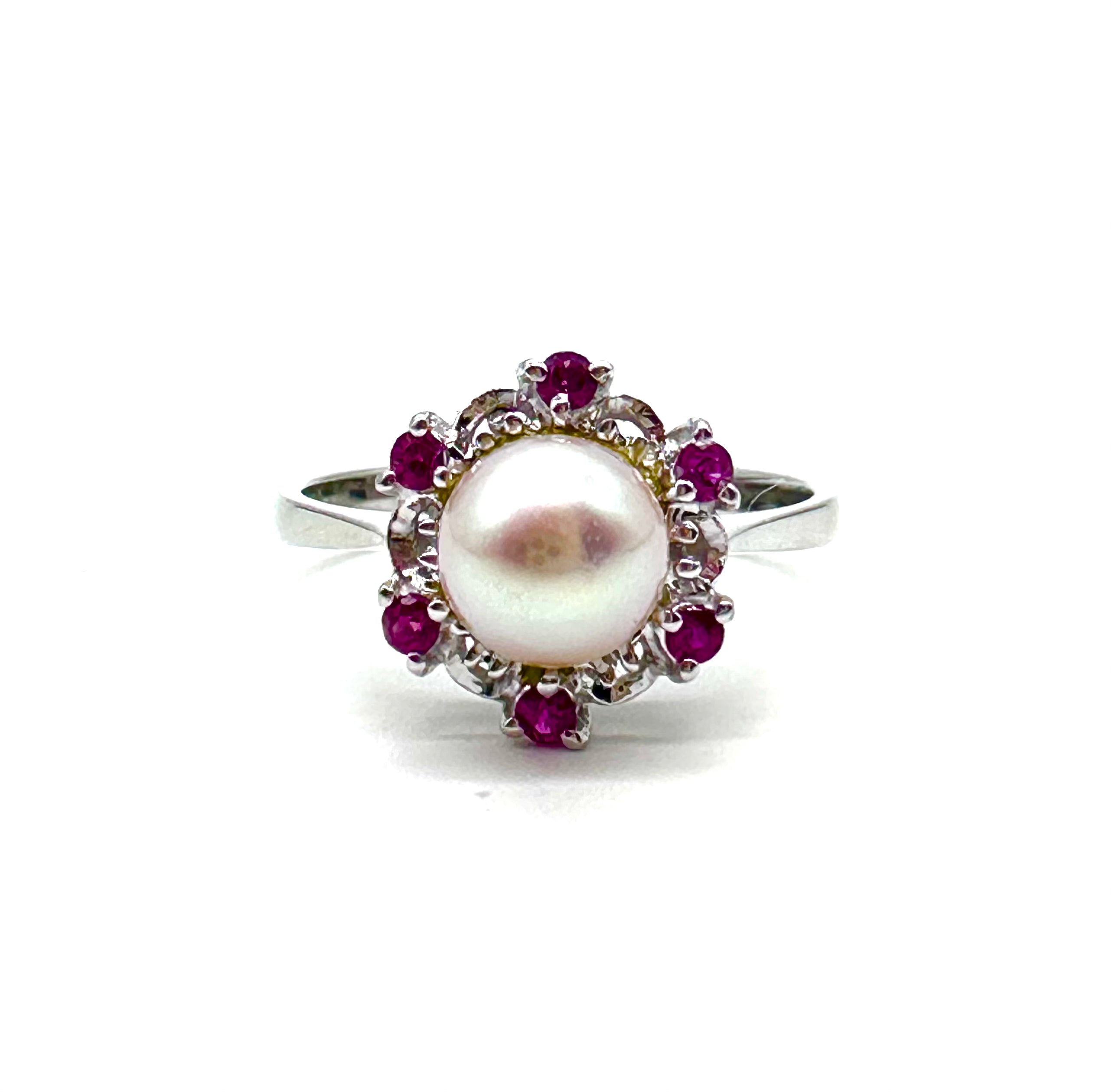 Exquisite Pearl and Ruby Halo Ring – Elegant Vintage Style Jewelry for Women – Perfect for Weddings, Anniversaries & Special Occasions