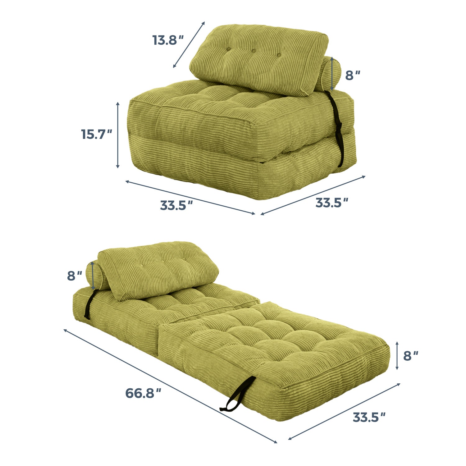 MAXYOYO Corduroy Folding Sofa Bed - Convertible Sleeper Chair with Pillow & Foldable Mattress, Back Support for Living Room, Guest Room & Small Spaces (Green) | Perfect for Apartments, Dorms & Home Offices