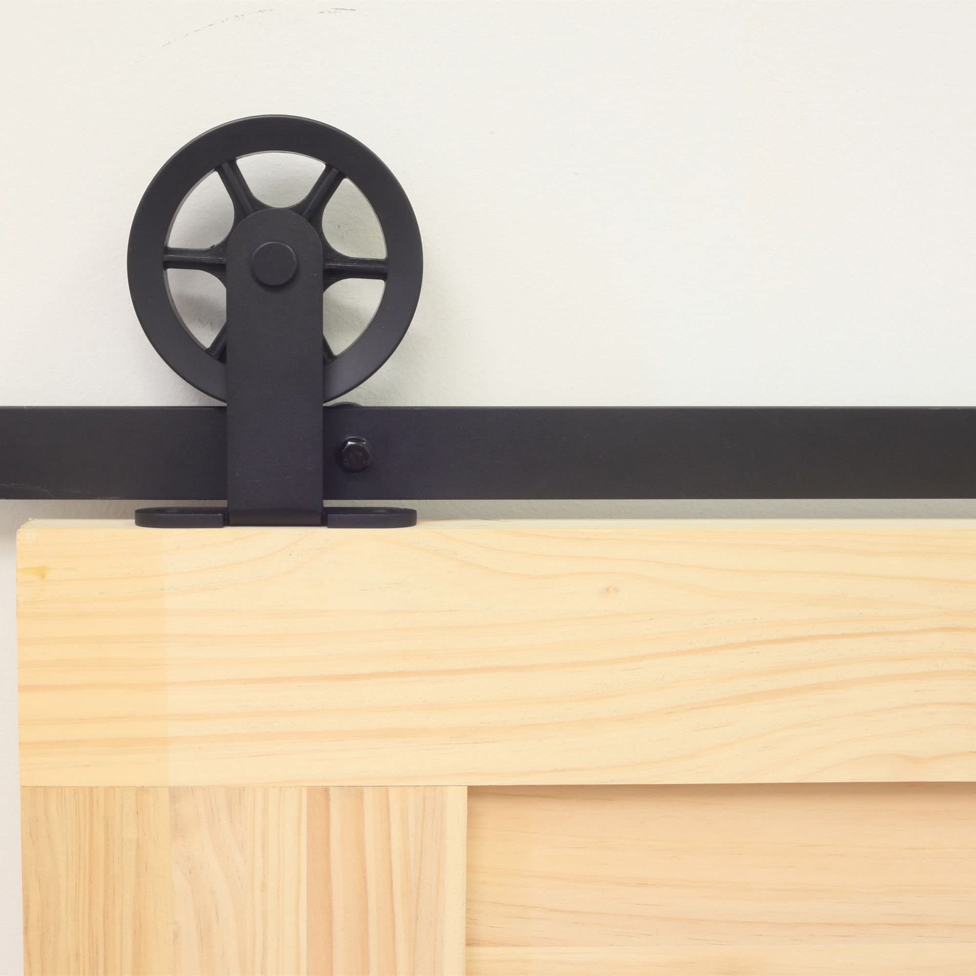 Homacer Black Rustic Non-Bypass Sliding Barn Door Hardware Kit - Heavy Duty 5ft Flat Track with T-Shape Spoke Wheel Roller for Single Interior/Exterior Doors | Perfect for Farmhouse, Loft & Rustic Home Decor