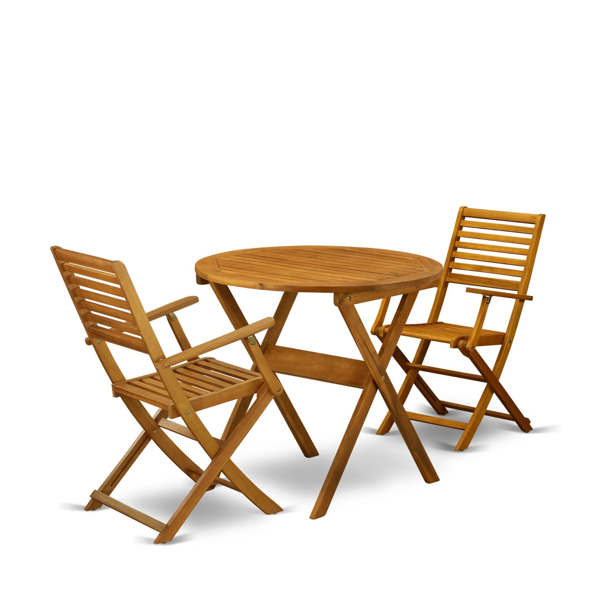 East West Furniture MNBS3CANA Marion 3-Piece Outdoor Patio Conversation Bistro Set - Round Acacia Wood Coffee Table & 2 Folding Arm Chairs, 30x30 Inch, Natural Oil Finish - Perfect for Garden, Balcony, and Backyard Relaxation