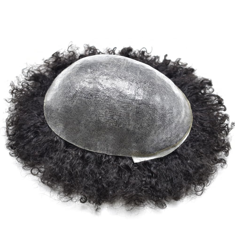 Brazilian Virgin Human Hair Afro Toupee for Black Men - Curly 8x10 Full PU Hair System - 1# Jet Black 6mm Afro Wave - Perfect for Daily Wear, Cosplay & Special Events