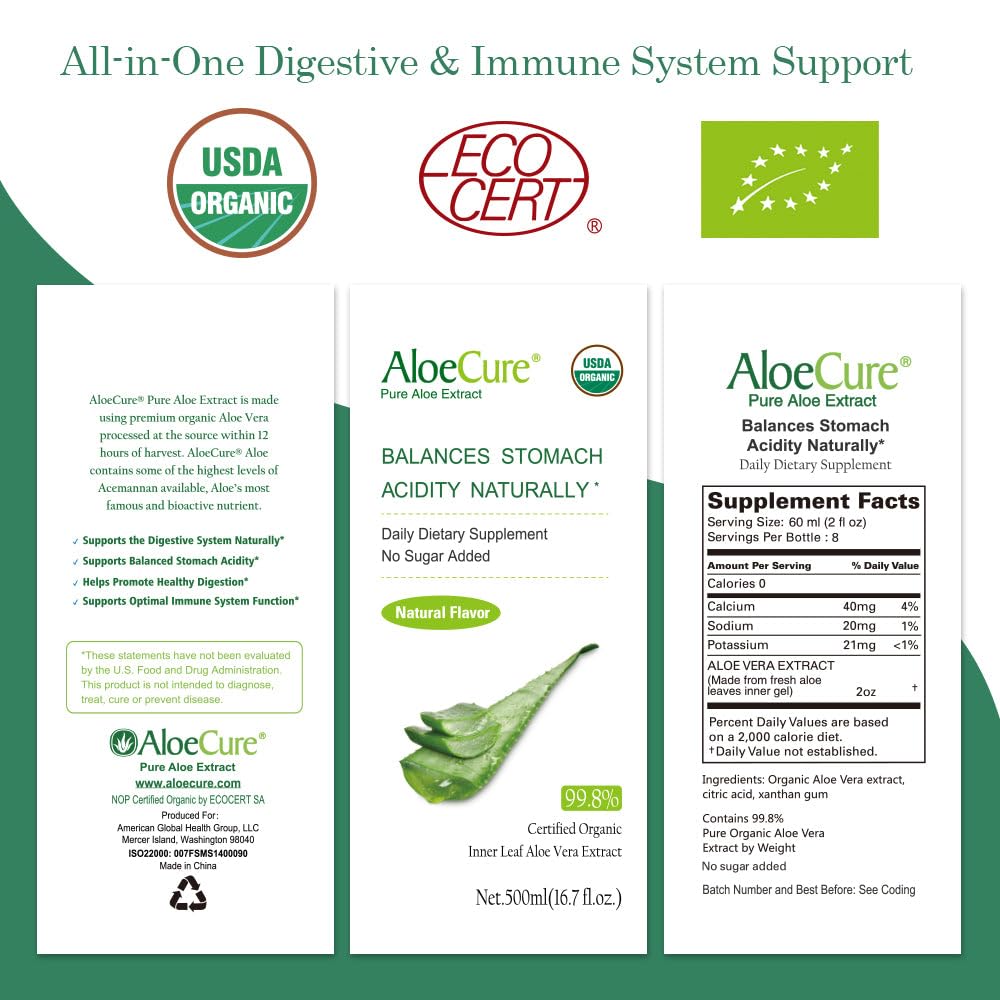 USDA Organic Aloe Vera Juice - Pure Aloe Juice for Digestion, Immune Support & Stomach Health | 18-Pack 500ml Bottles | Fresh Harvest Within 12 Hours | Perfect for Daily Wellness, Detox & Skin Care