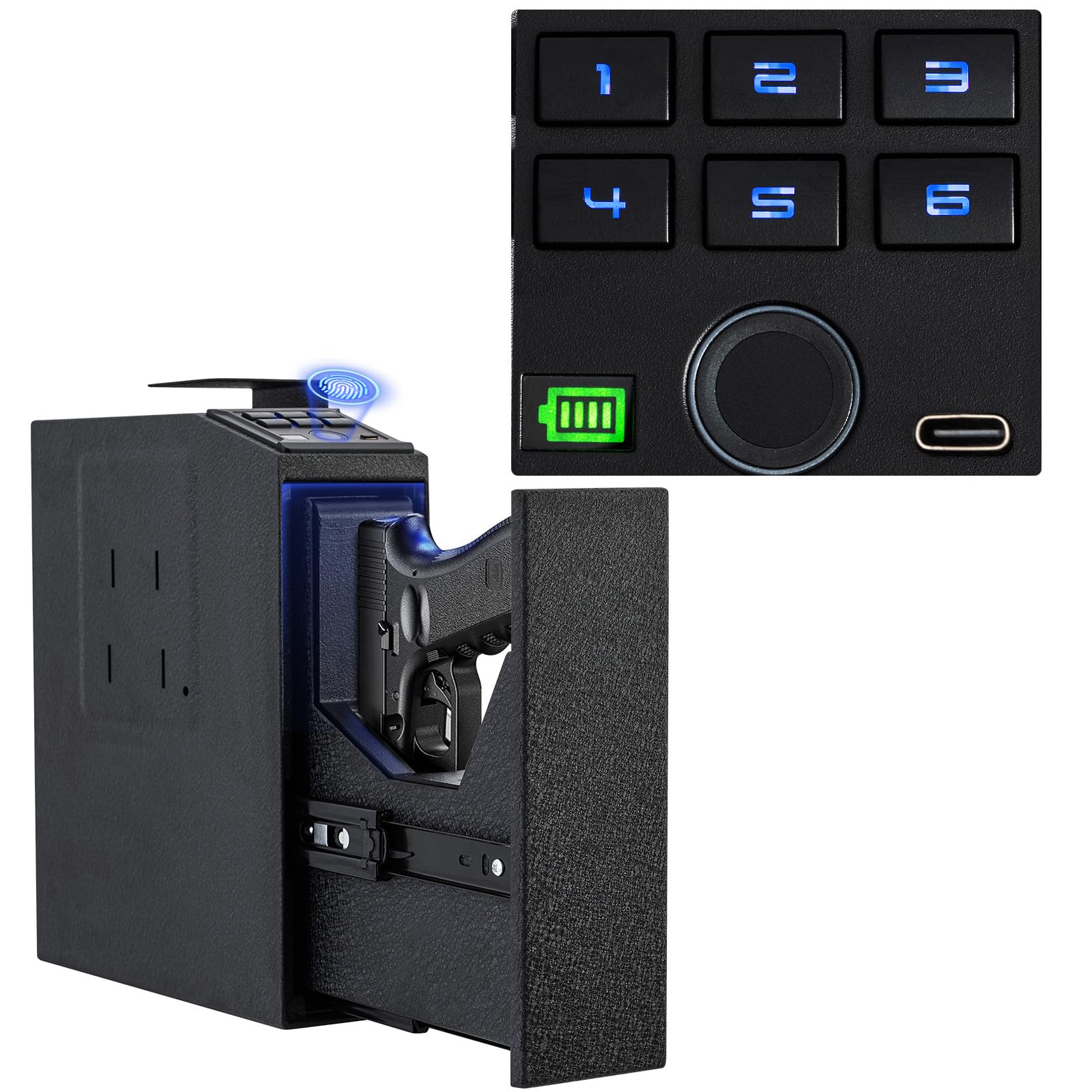 Biometric Gun Safe for Handgun - Fingerprint & PIN Code & Key Access Bedside Pistol Safe with 6-Button Keypad, Battery Display & Emergency Charging Port (Batteries Not Included) - Ideal for Home Defense & Nightstand Storage