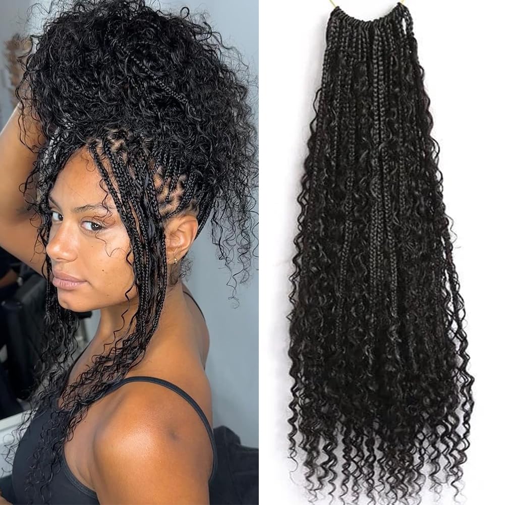 Pre-Looped Crochet Boho Box Braids with Human Hair Curls & Curly Ends - 18 Inch Goddess Box Braids for Black Women (2 Packs, 80 Strands, Natural Color) | Perfect for Protective Styling, Everyday Wear & Special Occasions