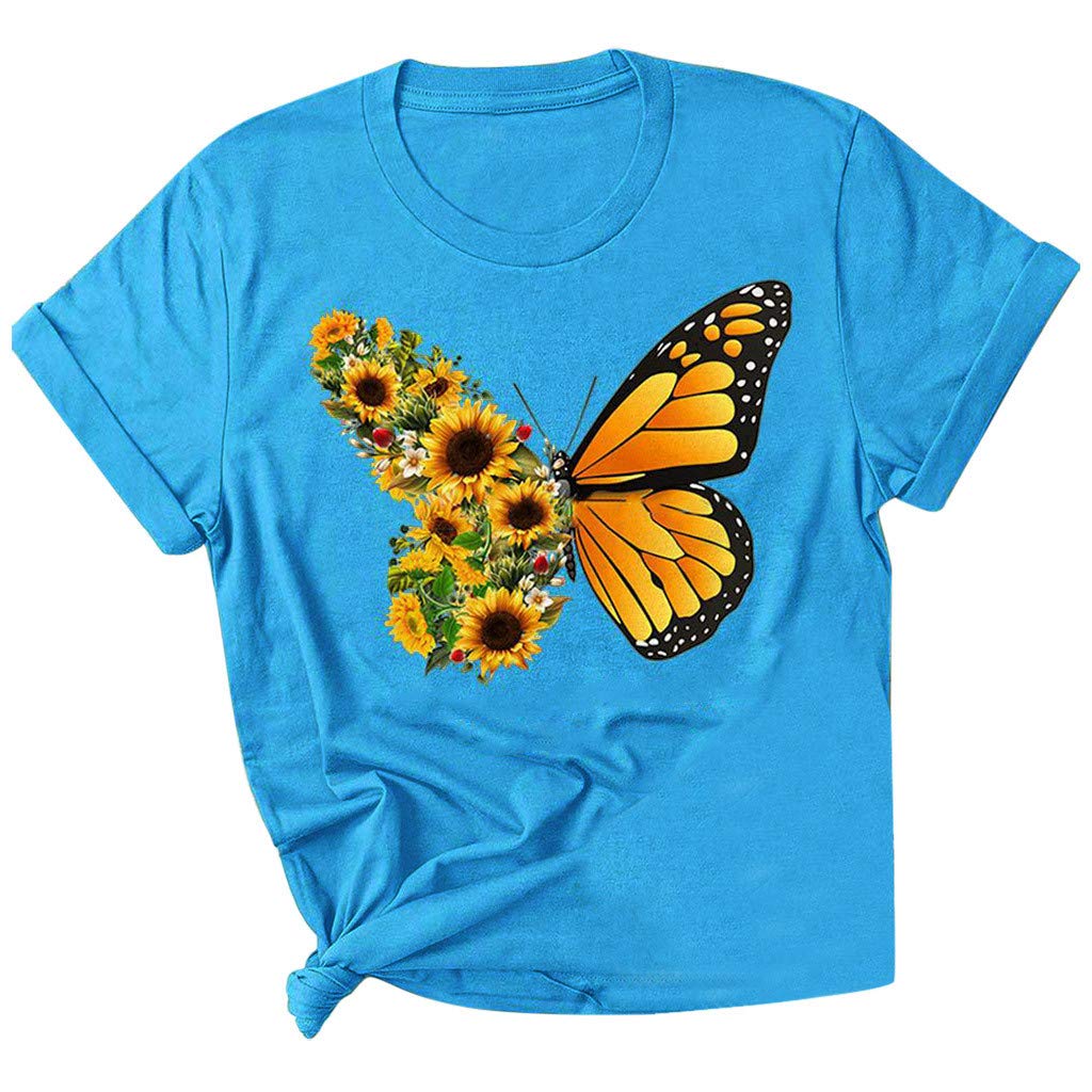 Women's Summer Graphic Tee - Casual Short Sleeve Printed Top with Sunflower & Butterfly Design | Perfect for Beach Outings, Casual Wear & Summer Vacations