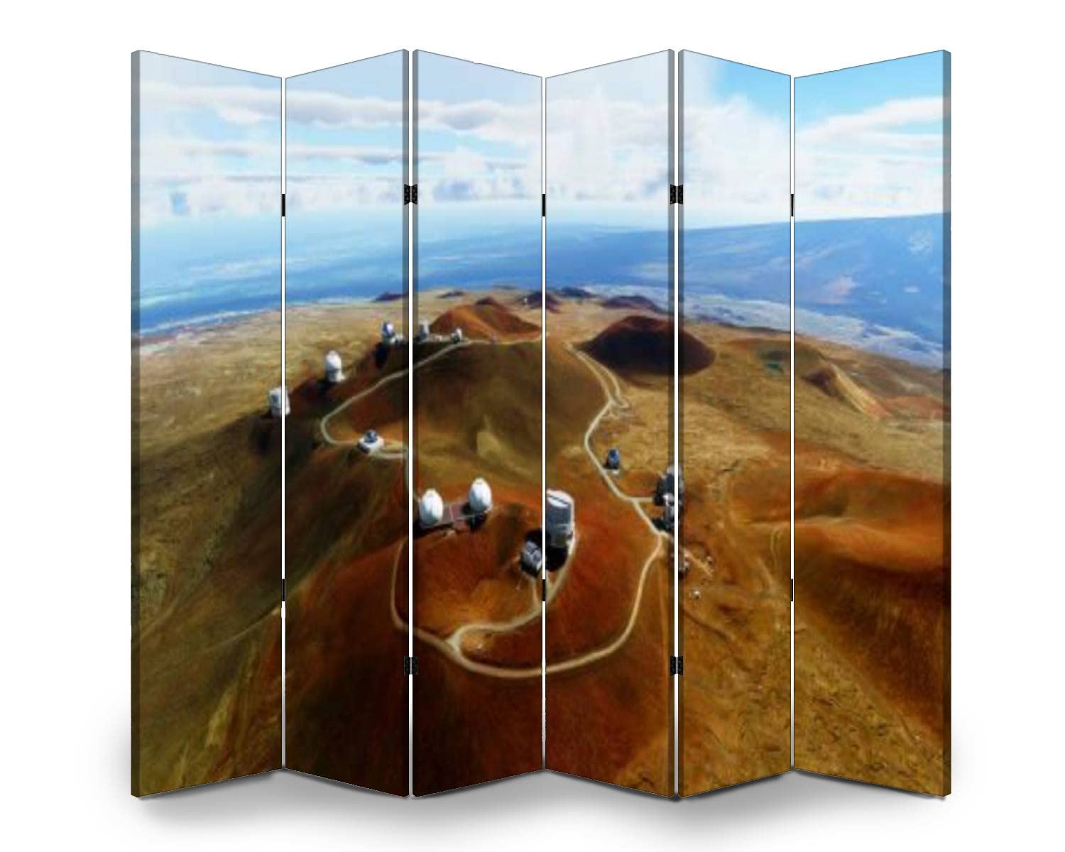 VDSRYGMLB Wooden Room Divider - 6-Panel Folding Privacy Screen with Dual-Sided Canvas Panels for Home Office, Bedroom Partition & Indoor Display Shelves | Mauna Kea Observatory Inspired Design