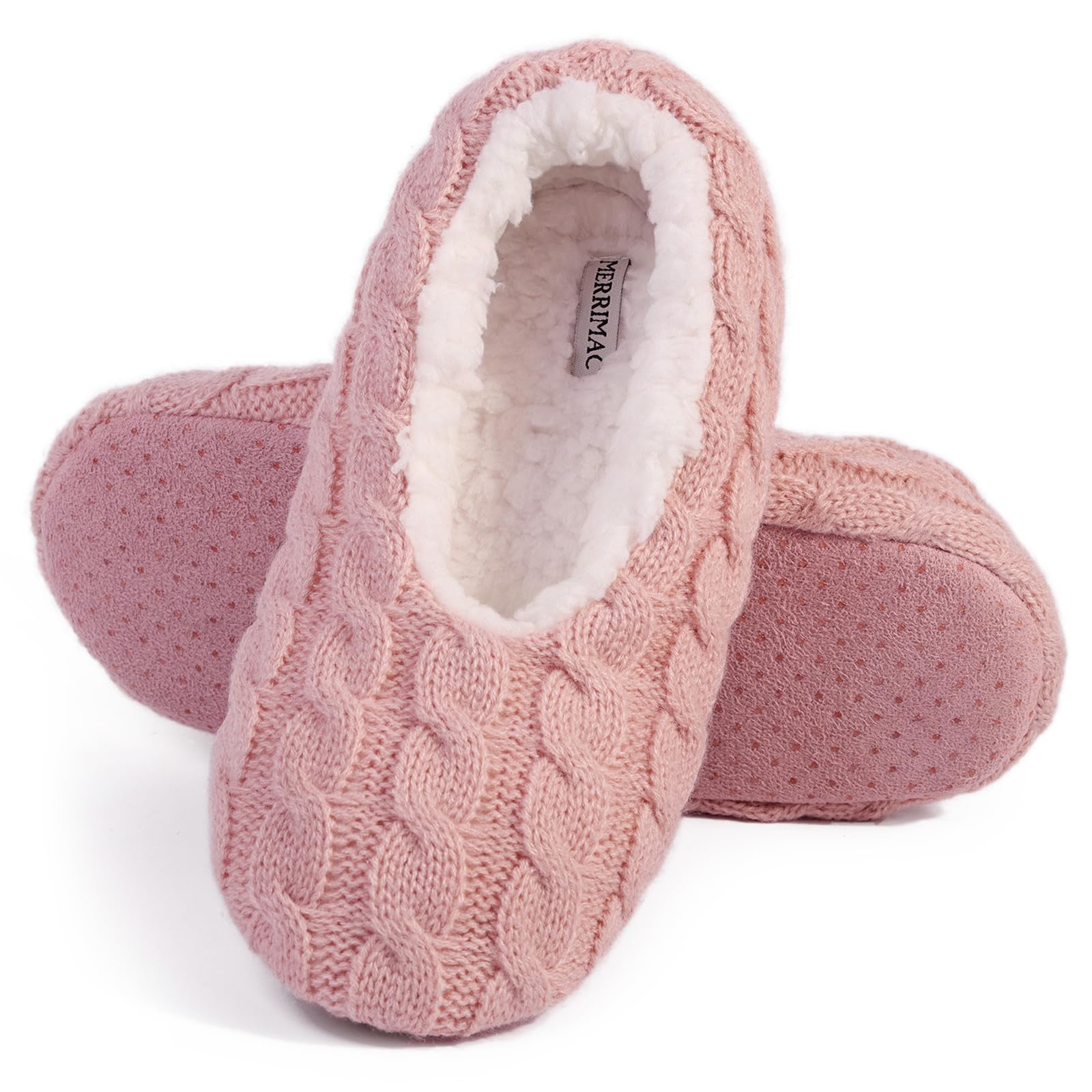 MERRIMAC Women's Cozy Fuzzy Cable Knit Non-Slip Slipper Socks with Gripper Soles | Warm House Shoes for Winter Indoor Comfort & Lounge Wear