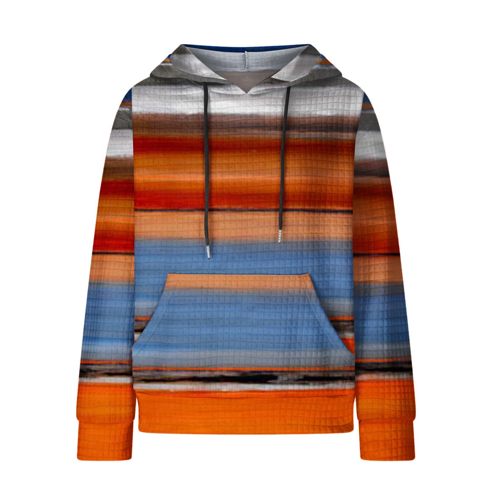 Women's Color Block Hoodie - Long Sleeve Round Neck Pullover Sweatshirt with Drawstring, Loose Fit Waffle Knit Fashion Top for Fall 2023 | Casual Outfit, Streetwear, Layering for Cool Weather