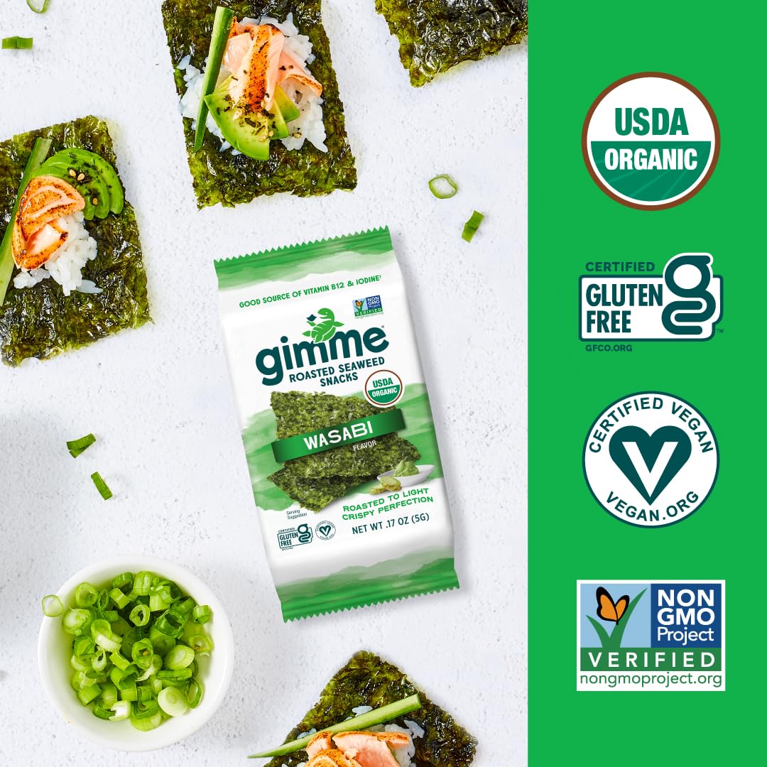 Organic Roasted Seaweed Snacks with Wasabi - 20 Count, Keto, Vegan, Gluten-Free, Rich in Omega-3 & Iodine | Healthy On-The-Go Snack for Kids & Adults | Perfect for Lunchboxes, Office Snacks & Travel