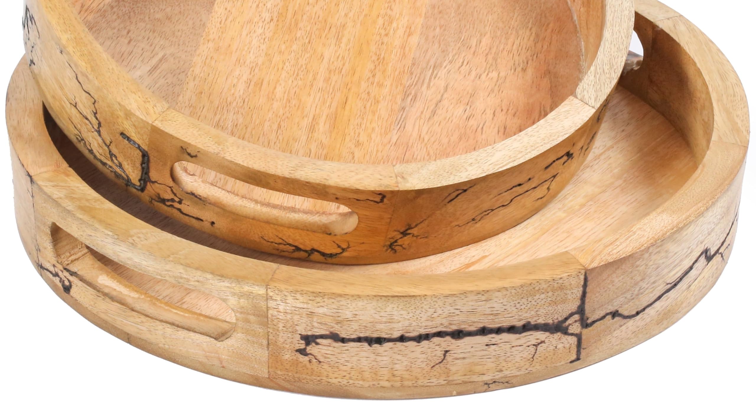 Premium Wooden Round Serving Tray Set of 2 - Decorative Coffee Table Tray for Living Room, Ottoman & Side Tables | Charcuterie Board & Cheese Platter | Countertop Fruit Basket | Perfect for Entertaining, Dining & Home Decor