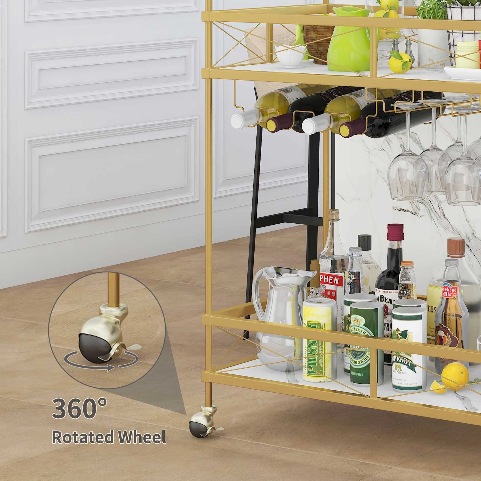 ASYA Gold Home Bar Serving Cart with Marble Shelves & Wine Rack - Modern Rolling Mini Bar Cart for Dining Room, Living Room, Home Bar - Perfect for Cocktail Parties, Wine Tasting & Home Entertaining
