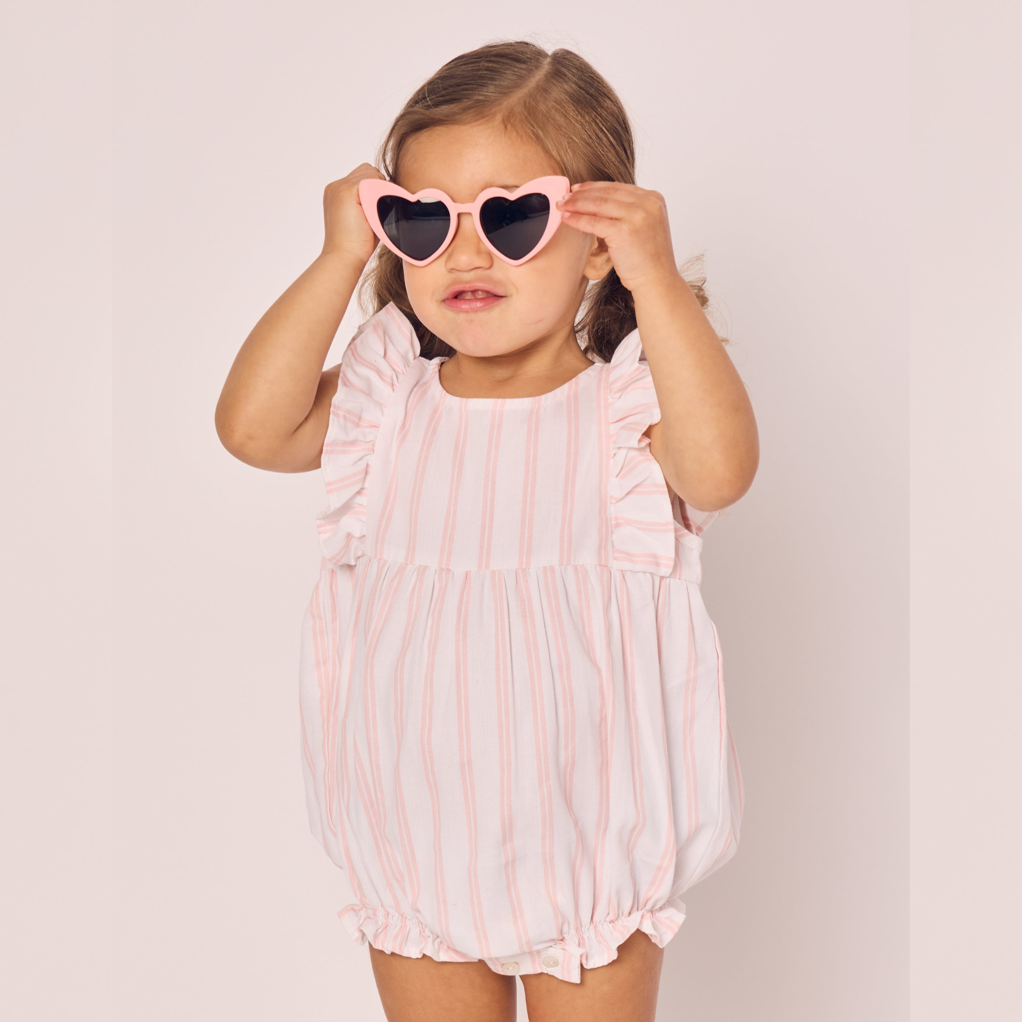 Pink and White Striped Baby Twill Romper with Ruffles - Soft & Comfortable Outfit for Newborns, Infants - Perfect for Playdates, Photo Shoots & Special Occasions