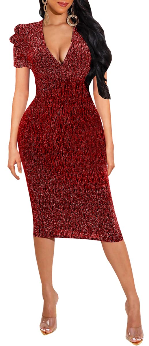 Sexy Sparkly Long Sleeve Bodycon Dress for Women - Deep V Neck Elegant Club Midi Dress for Party, Night Out & Special Occasions
