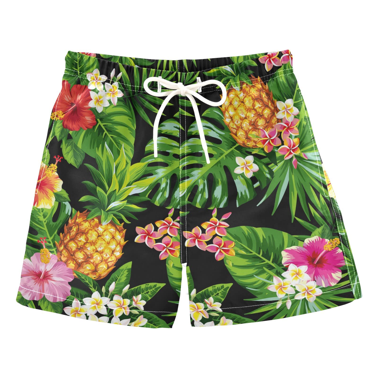 KFBE Boys' Swim Trunks with Pineapple & Flower Print - Quick Dry Beach Board Shorts for Kids Age 10 | Perfect for Swimming, Surfing & Summer Vacations
