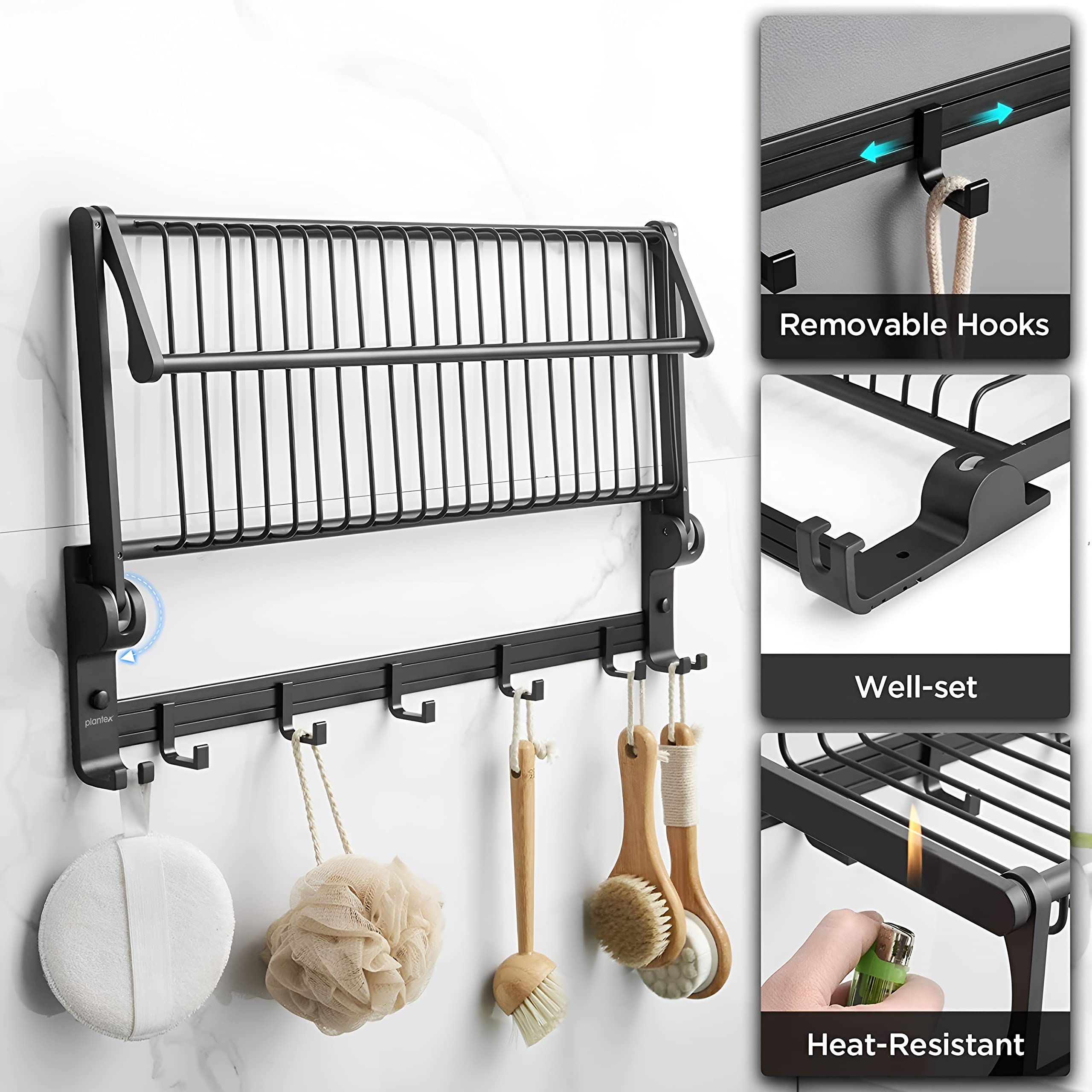 Plantex Aluminum Towel Rack with Hooks - Black Bathroom Organizer for Towels, Robes & Accessories | Space-Saving Wall Mounted Storage Solution for Bathrooms, Laundry Rooms & Kitchens