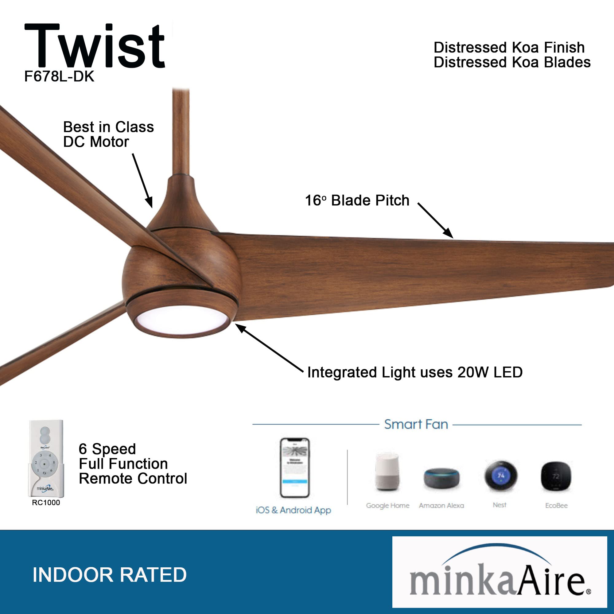 MINKA-AIRE F678L-DK Twist 52 Inch Ceiling Fan with LED Light Kit and Remote Control, Distressed Koa Finish - Perfect for Living Room, Bedroom, and Outdoor Patio Cooling