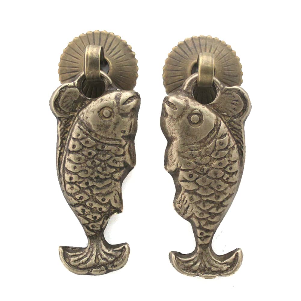 1 Pair Antique Brass Fish Drawer Pulls - Vintage Chinese Cabinet Handles & Doorknobs for Furniture - Perfect for Dressers, Cabinets, and Vintage Home Decor