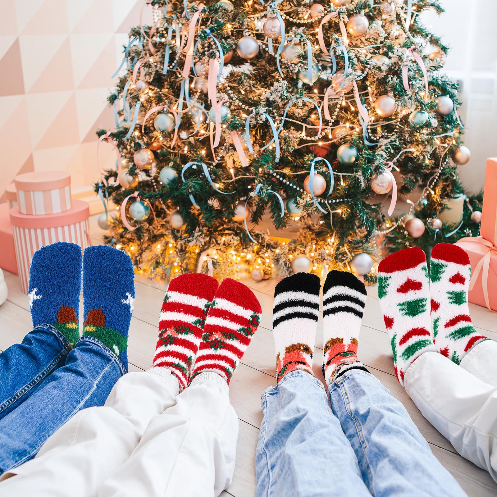 Suhine 48 Pairs Christmas Fuzzy Socks - Colorful Cozy Fluffy Holiday Socks for Women & Kids - Warm Winter Slipper Socks for Gifts, Stocking Stuffers & Family Matching Outfits