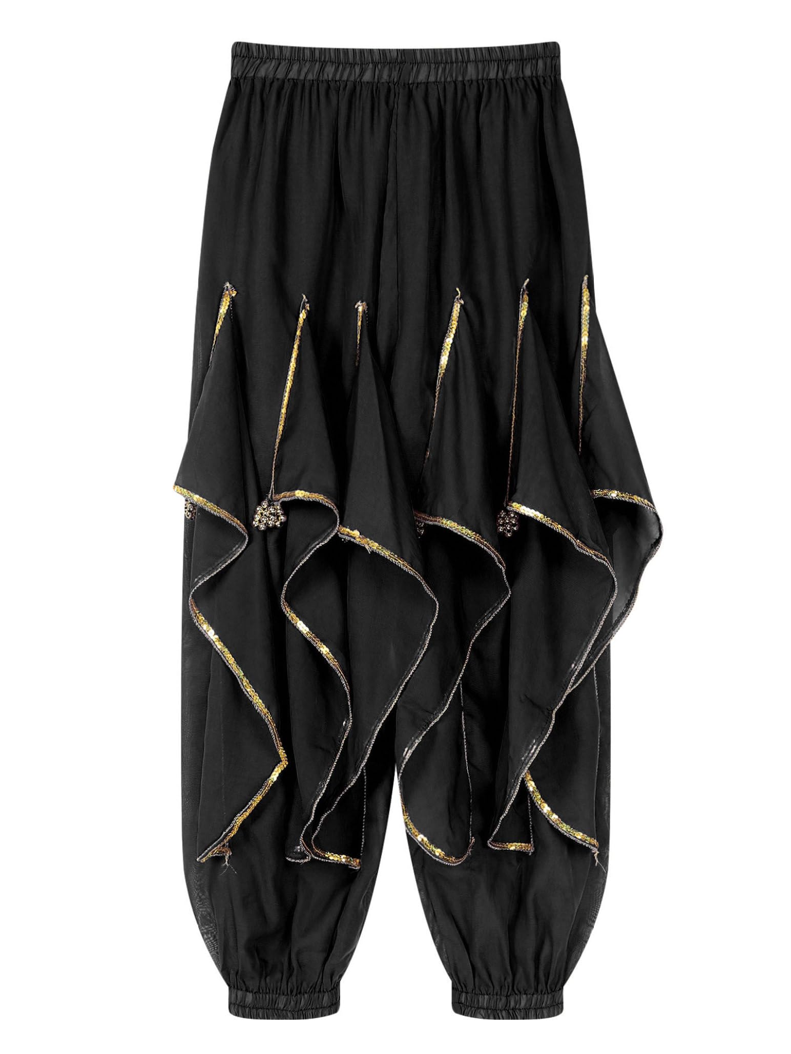 Women's Belly Dance Costume - Ruffle Harem Pants with Gold Trim for Tribal Arabic & Halloween Performances | Perfect for Dance Shows, Cosplay & Themed Parties
