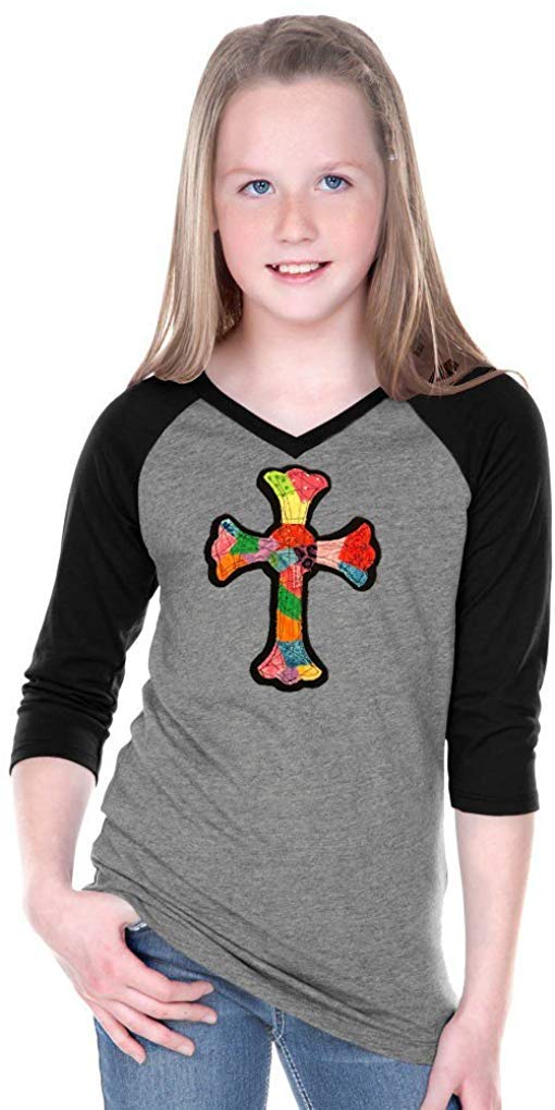 Trendy Tween Raglan Patchwork Cross T-Shirt - Comfortable & Stylish for Girls - Perfect for School, Playdates & Casual Outings