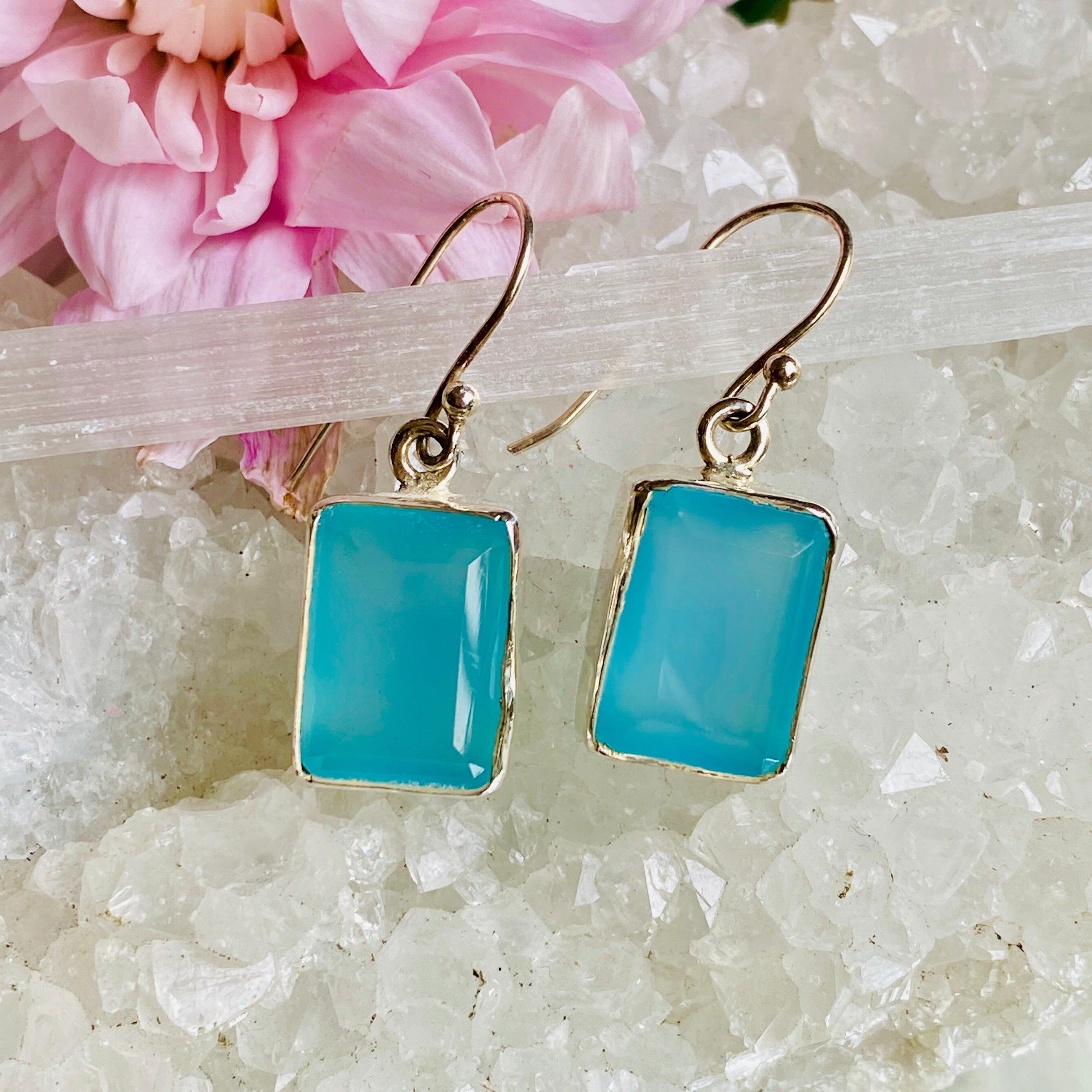 Blue Chalcedony Faceted Rectangular Earrings for Women – Elegant Gemstone Jewelry for Parties, Weddings & Special Occasions – KEGJ817