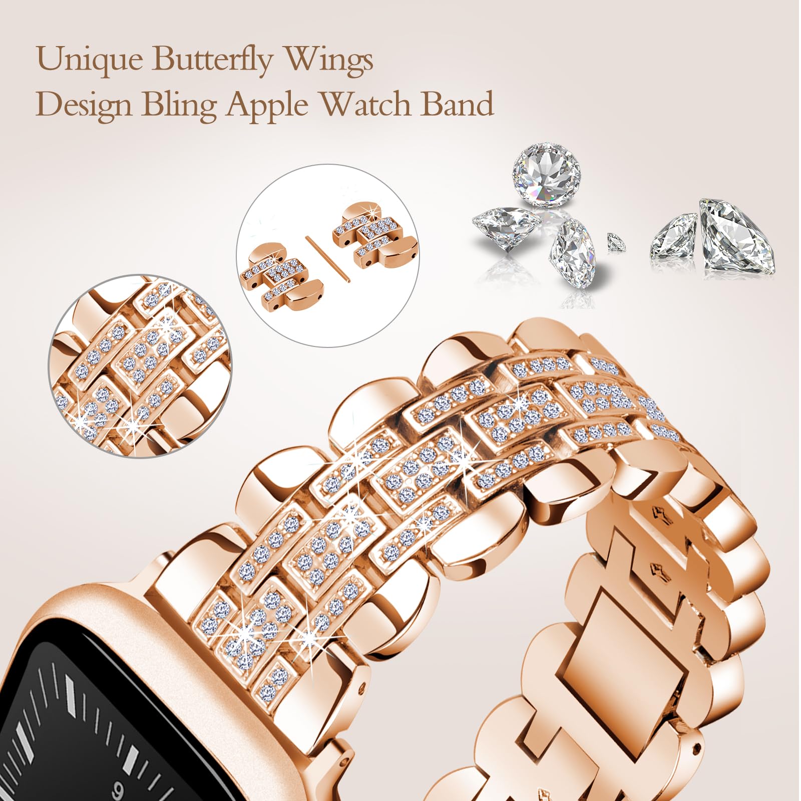 Stainless Steel Apple Watch Band 42mm 41mm 40mm 38mm - Bling Jewelry Bracelet for Apple Watch Series 10 9 8 7 SE 6 5 4 3 - Rose Gold Women's iWatch Accessory - Perfect for Work, Parties & Everyday Wear