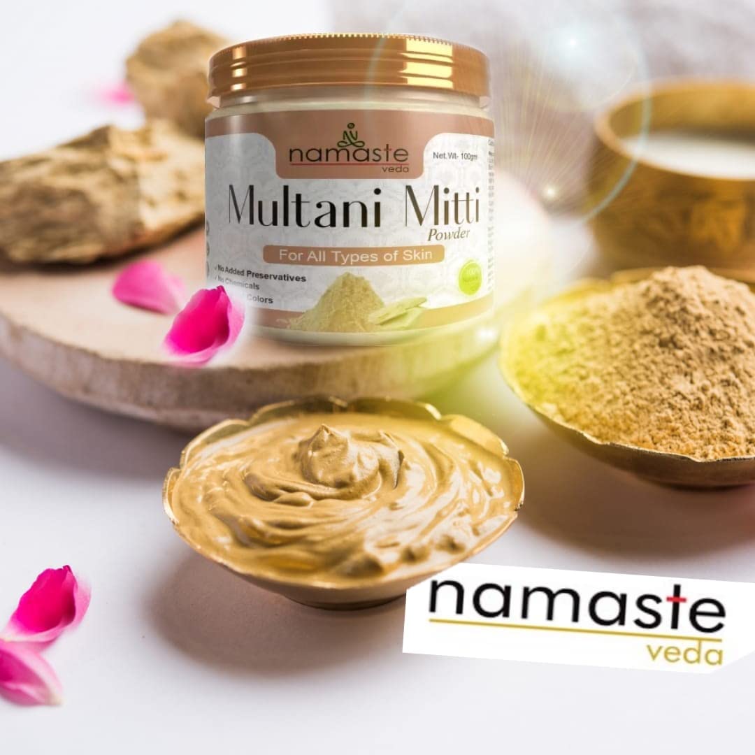 Namaste Veda Pure & Natural Herbal Multani Mitti Clay Powder for Glowing Skin - 100g | Brightening Face Pack, Natural Skin Toner & Tan Remover | Perfect for Daily Skincare Routine & Spa Treatments