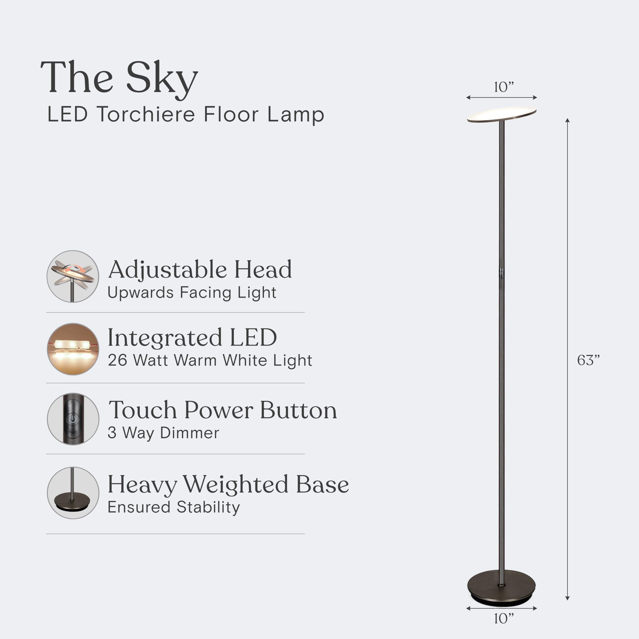 Brightech Sky LED Floor Lamp - Dimmable Super Bright Torchiere Standing Lamp for Living Room, Bedroom & Office - Tall Bronze Reading Light for Home Decor & Workspaces