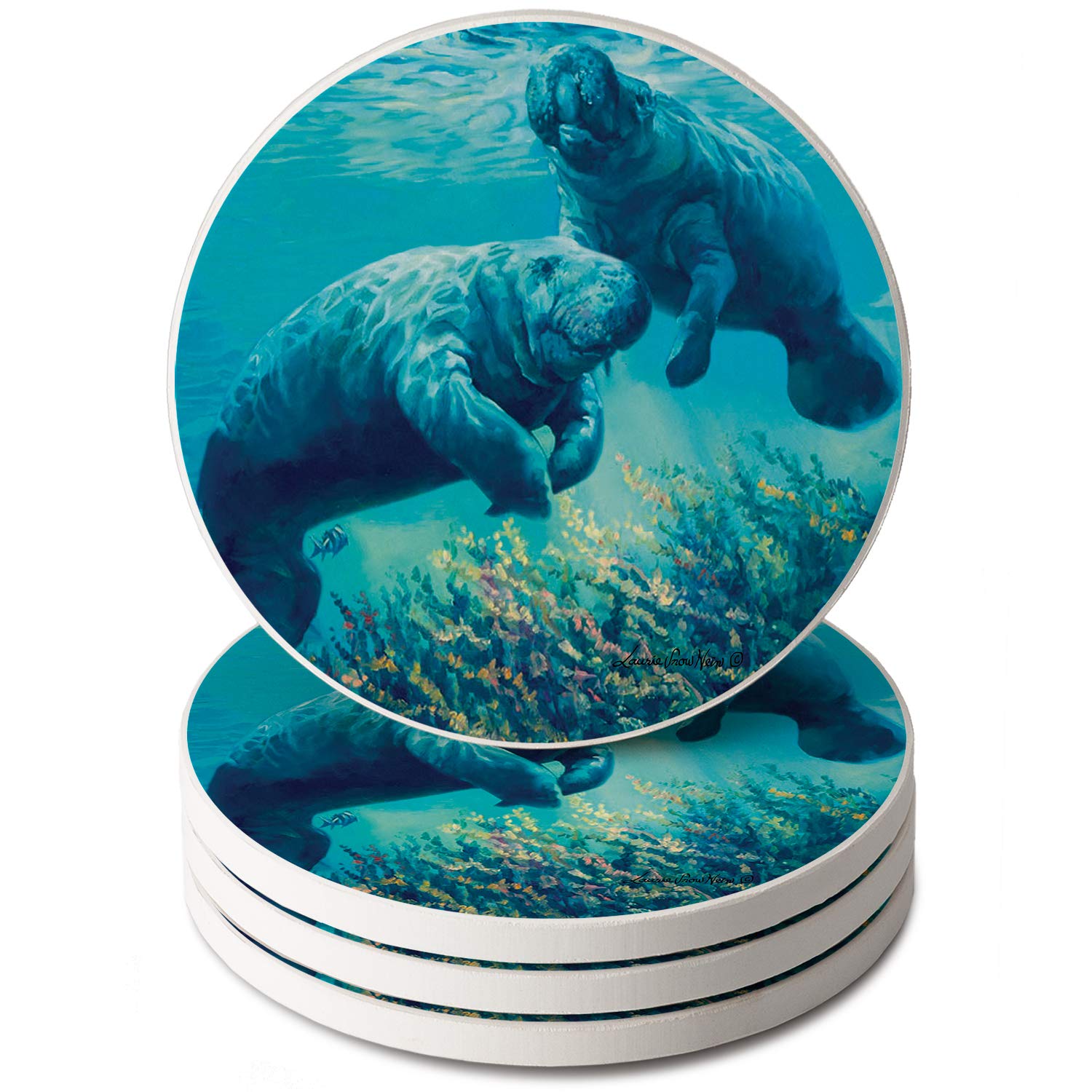 Thirstystone Underwater Manatees 4-Pack Round Absorbent Coasters with Cork Backing - USA Made Artistic Drink Coasters for Home & Office Use - Perfect for Protecting Tables from Water Rings & Stains