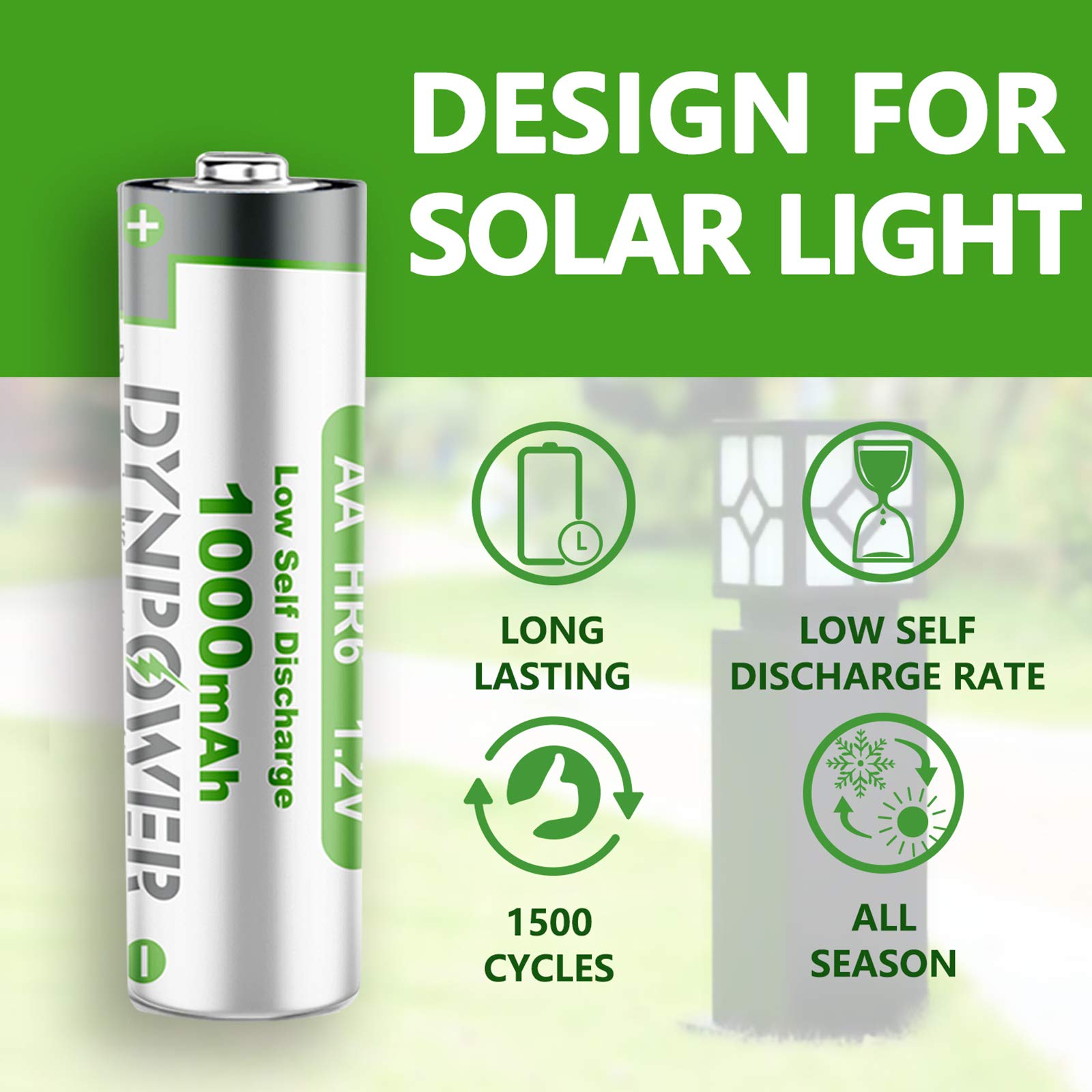 NiMH AA 1000mAh Rechargeable Batteries 1.2V - Pre-Charged Double A Batteries (8-Pack) for Solar Lights, Garden Lights, String Lights & Outdoor Decor - Perfect for Camping, Emergency Kits & Home Electronics