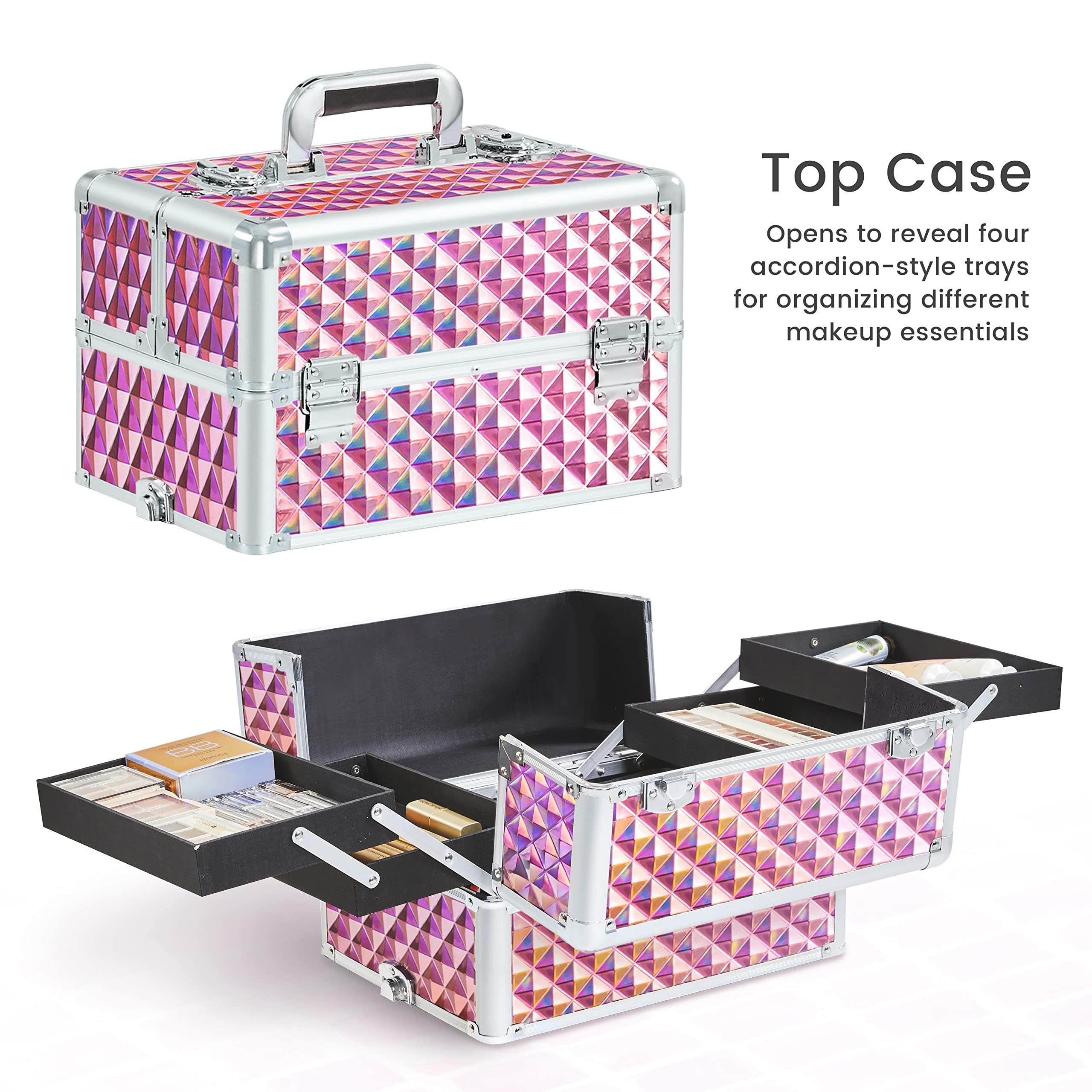 Yaheetech 4-in-1 Professional Makeup Train Case - Rolling Cosmetic Trolley with 4 Detachable Swivel Wheels, Makeup Organizer & Travel Case in Glitter Pink | Perfect for Salon Artists, Mobile Makeup Services & Beauty Professionals On-The-Go