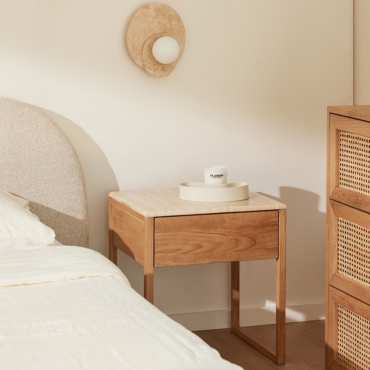 Modern Avalon Travertine Bedside Table - Natural Stone Nightstand with Drawer - Perfect for Bedroom, Guest Room & Hotel Decor