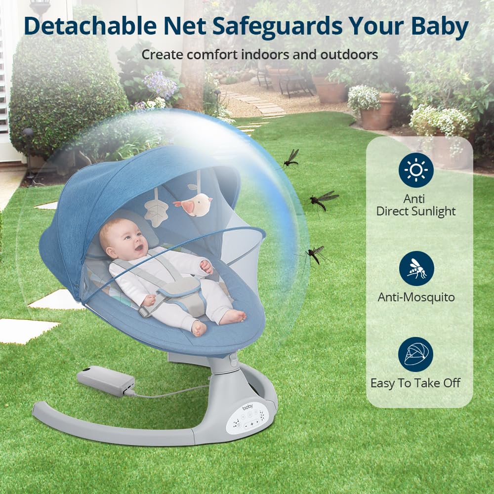 Bioby Baby Swing for Infants 0-12 Months - Portable Infant Rocker with 5 Speed Settings, Bluetooth Music, Remote Control & 5-Point Safety Harness - Lightweight Baby Bouncer for Newborns 5-20 lbs (Blue) - Perfect for Nursery, Living Room & Travel